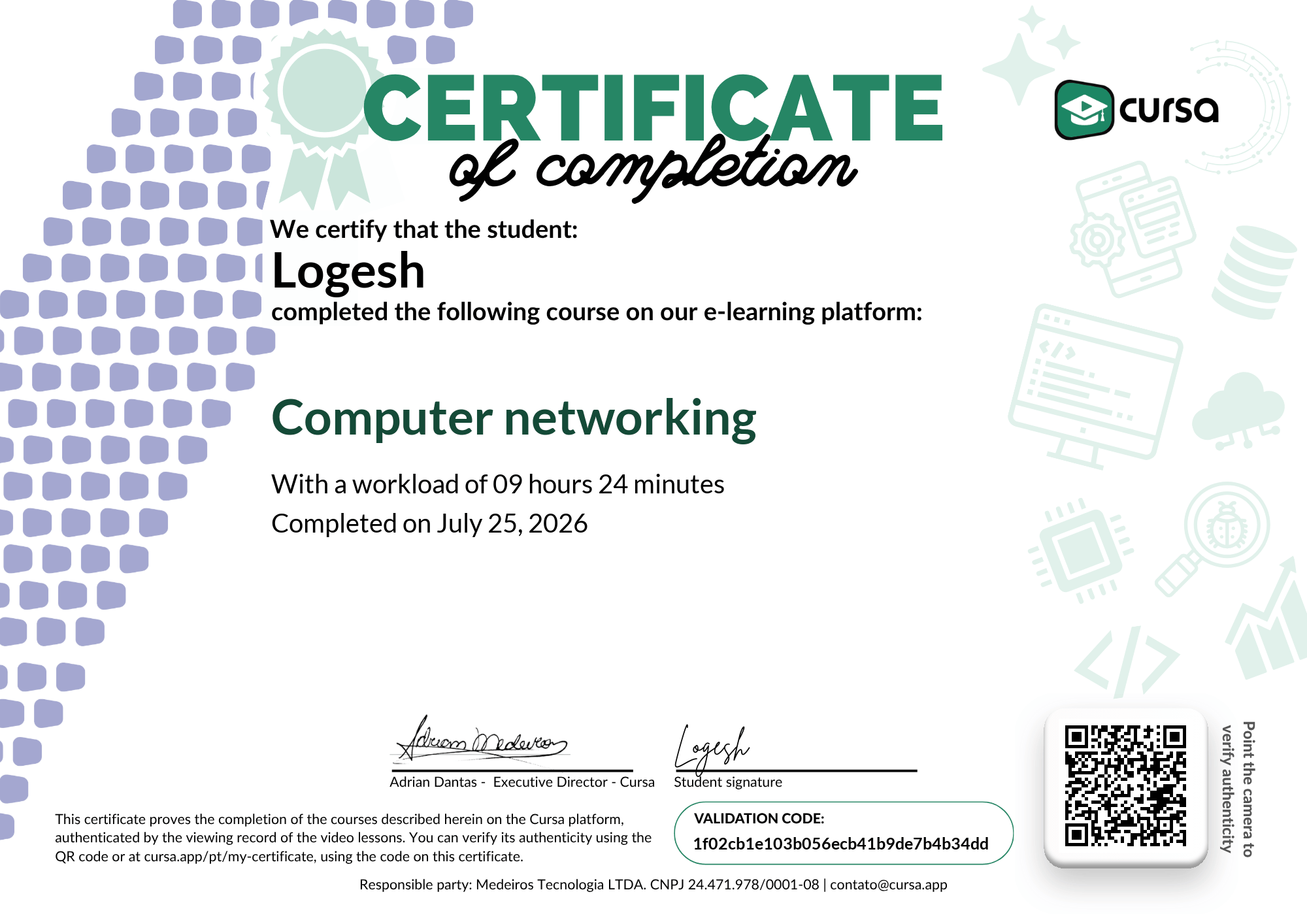 Image of my free Course Completion Certificate.