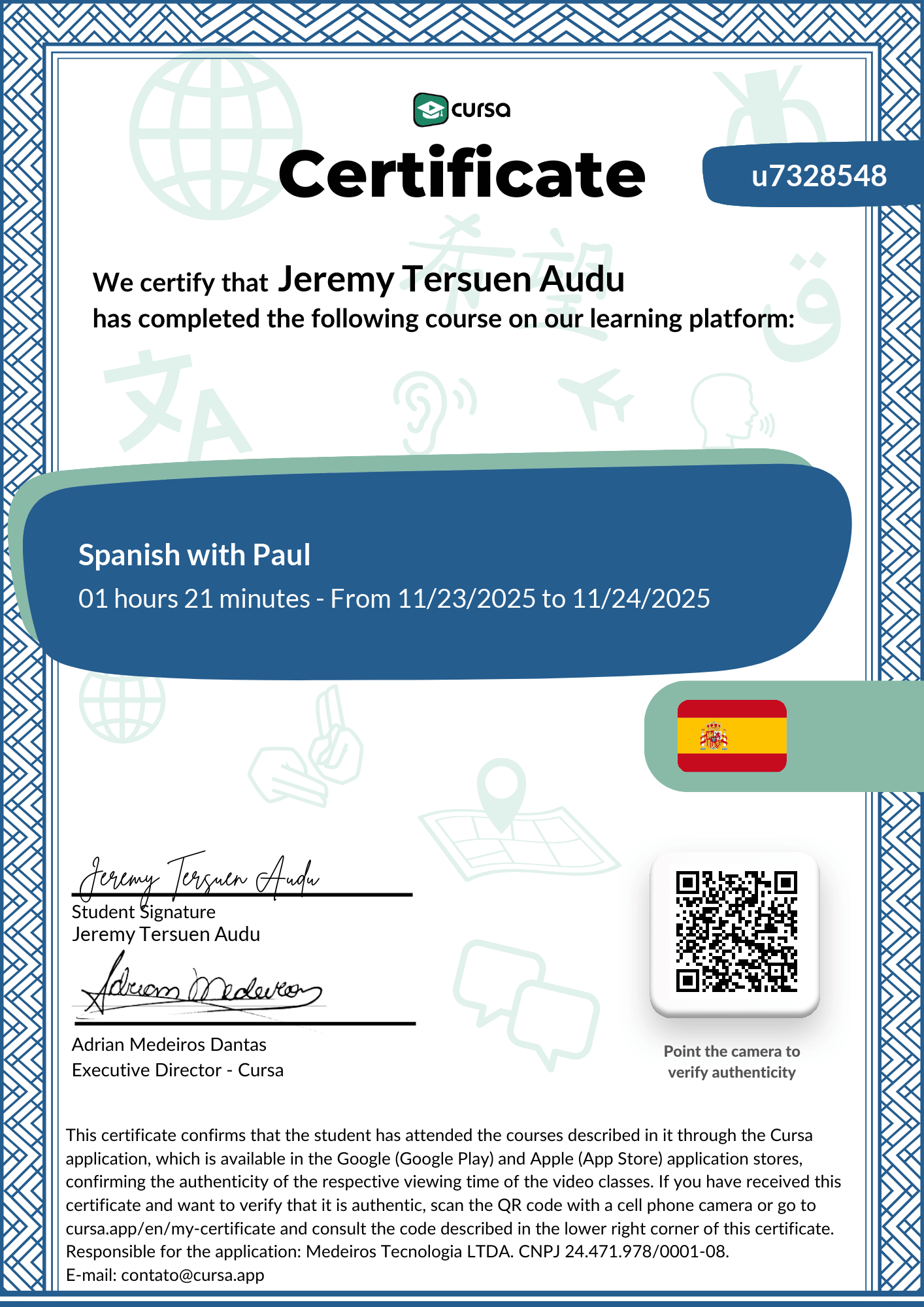 Image of my free Course Completion Certificate.