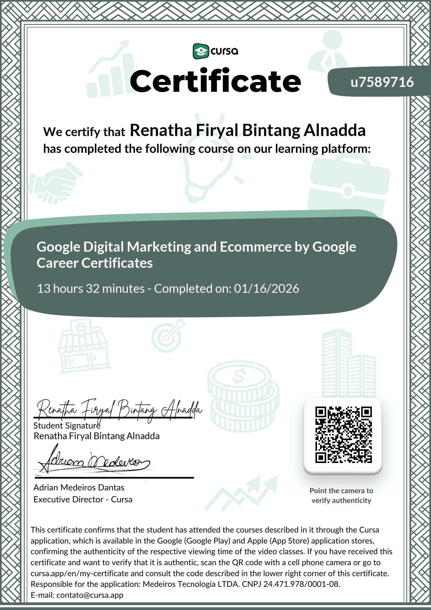 Image of my free Course Completion Certificate.