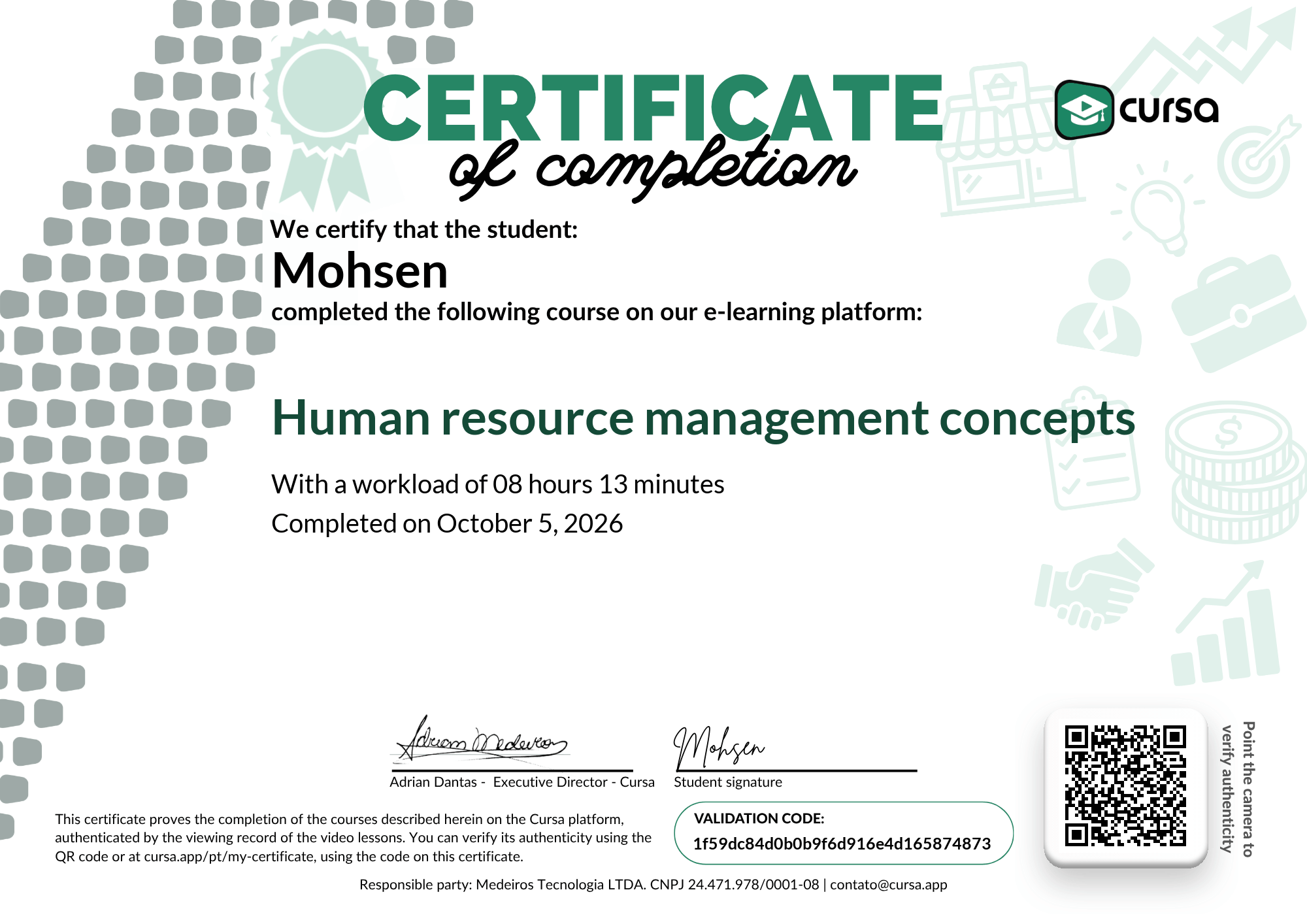 Image of my free Course Completion Certificate.