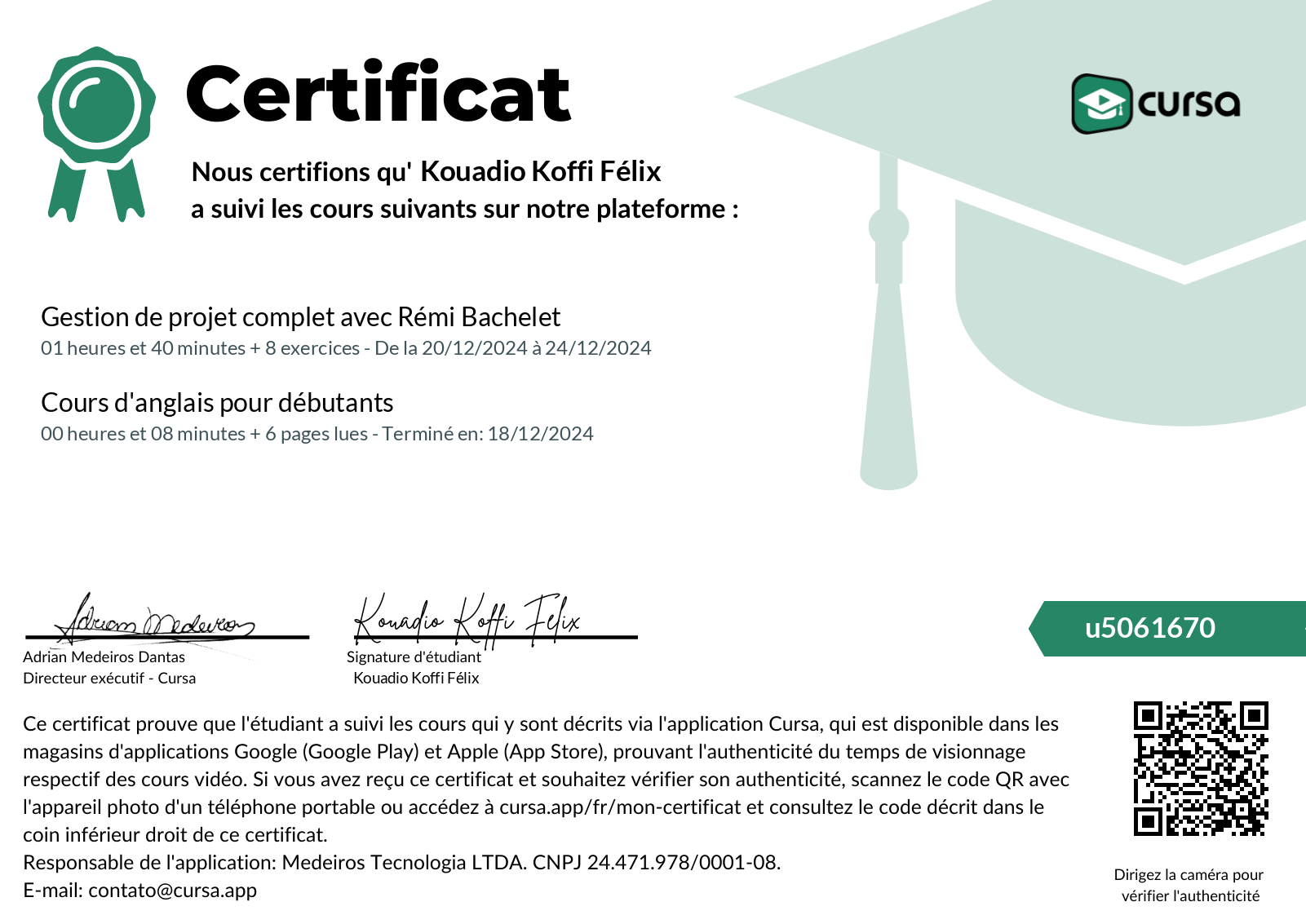 Image de mon certificat de fin de cours gratuit.