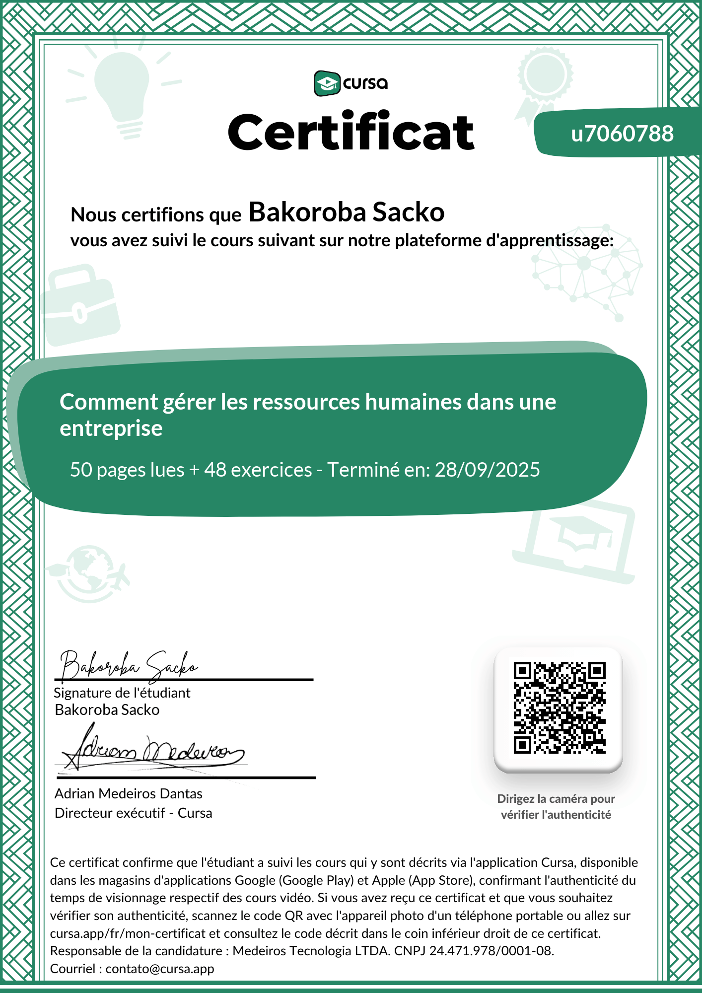 Image de mon certificat de fin de cours gratuit.