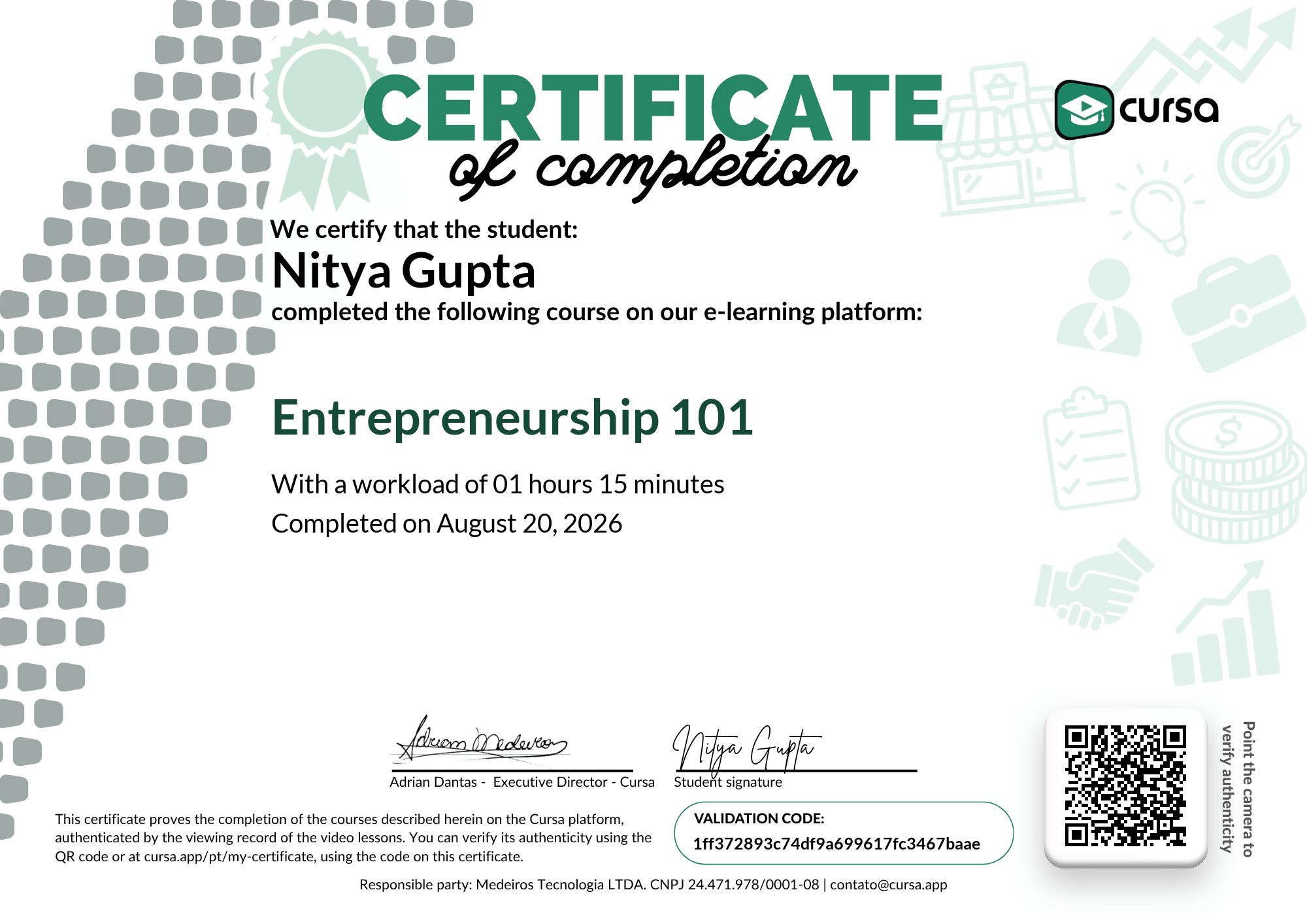 Image of my free Course Completion Certificate.