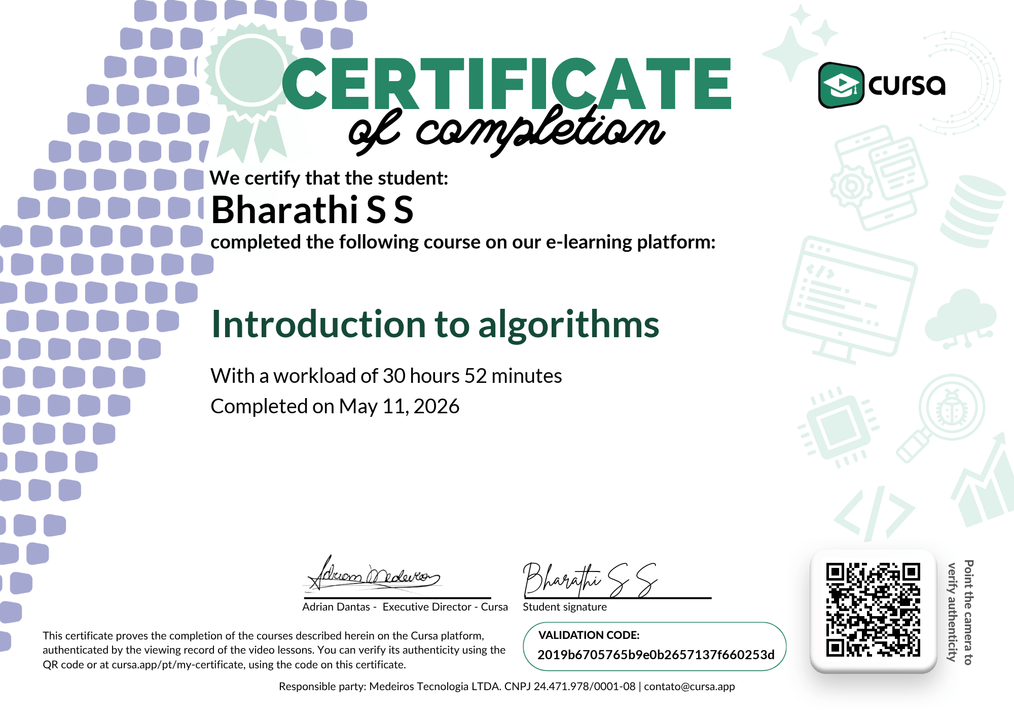 Image of my free Course Completion Certificate.