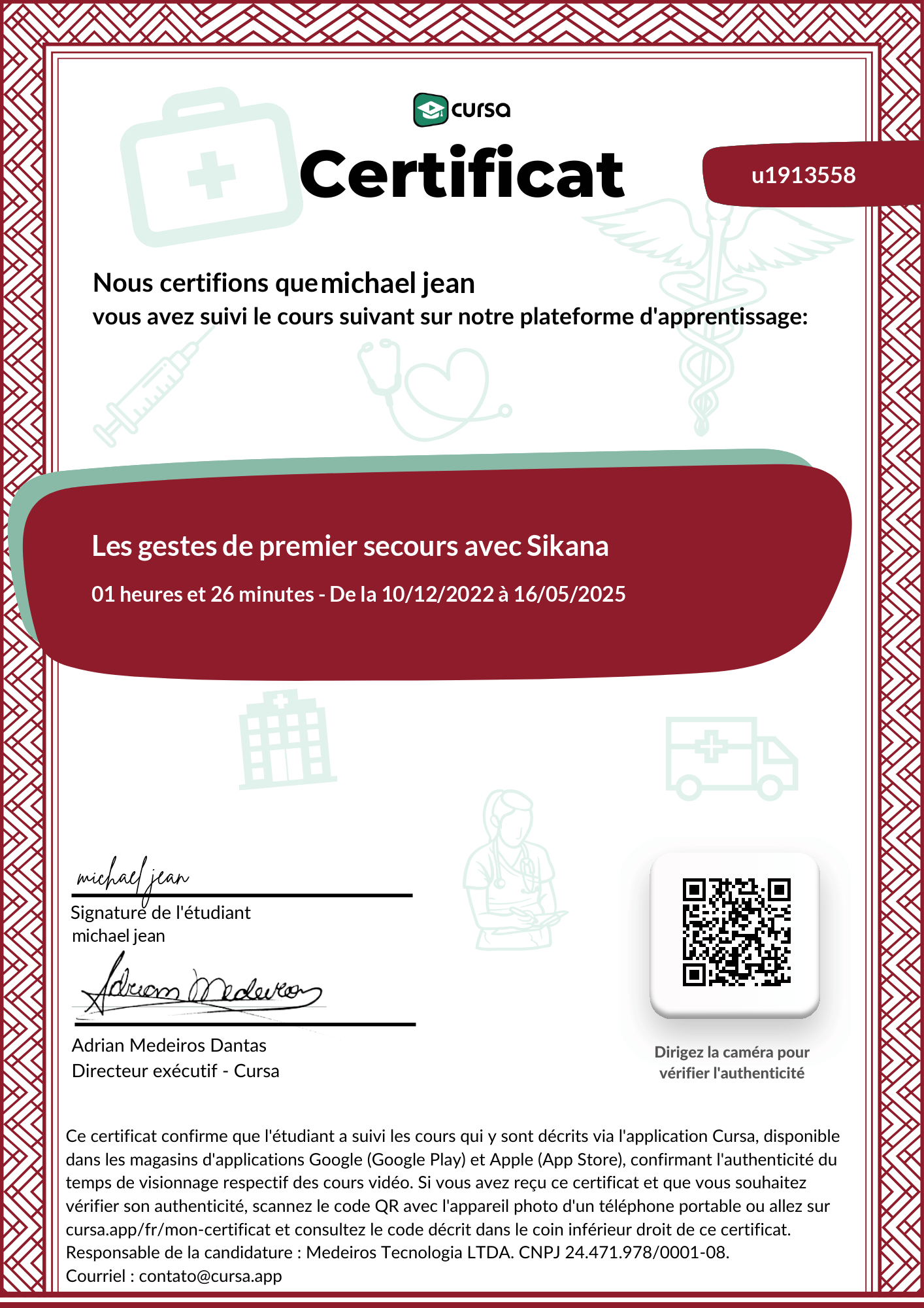 Image de mon certificat de fin de cours gratuit.