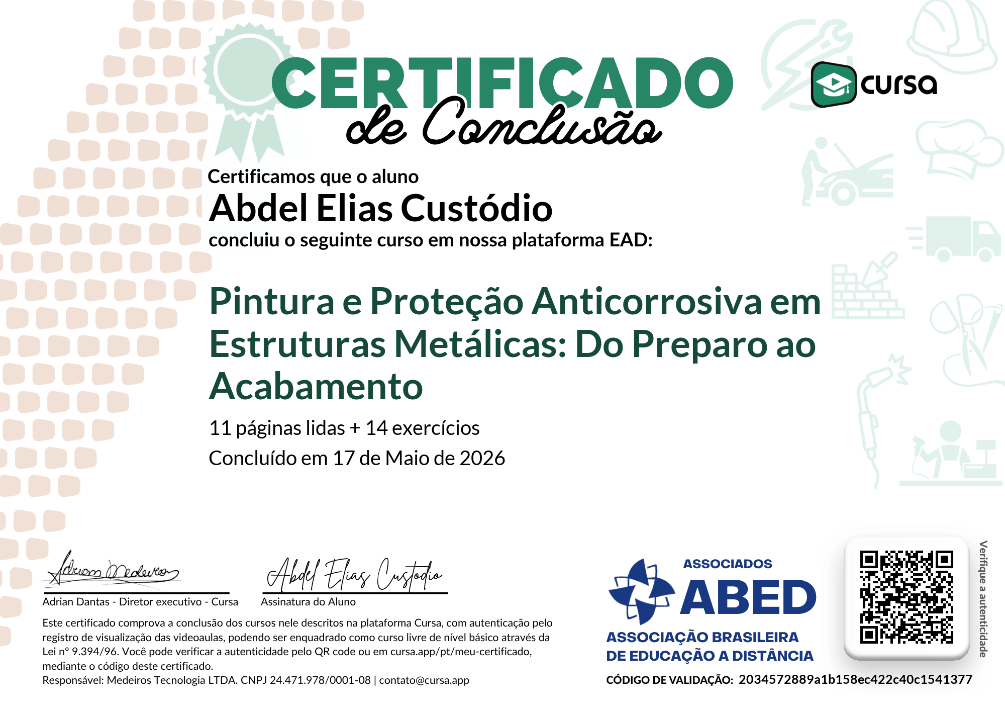 Imagem do meu Certificado gratuito de conclusão de curso.