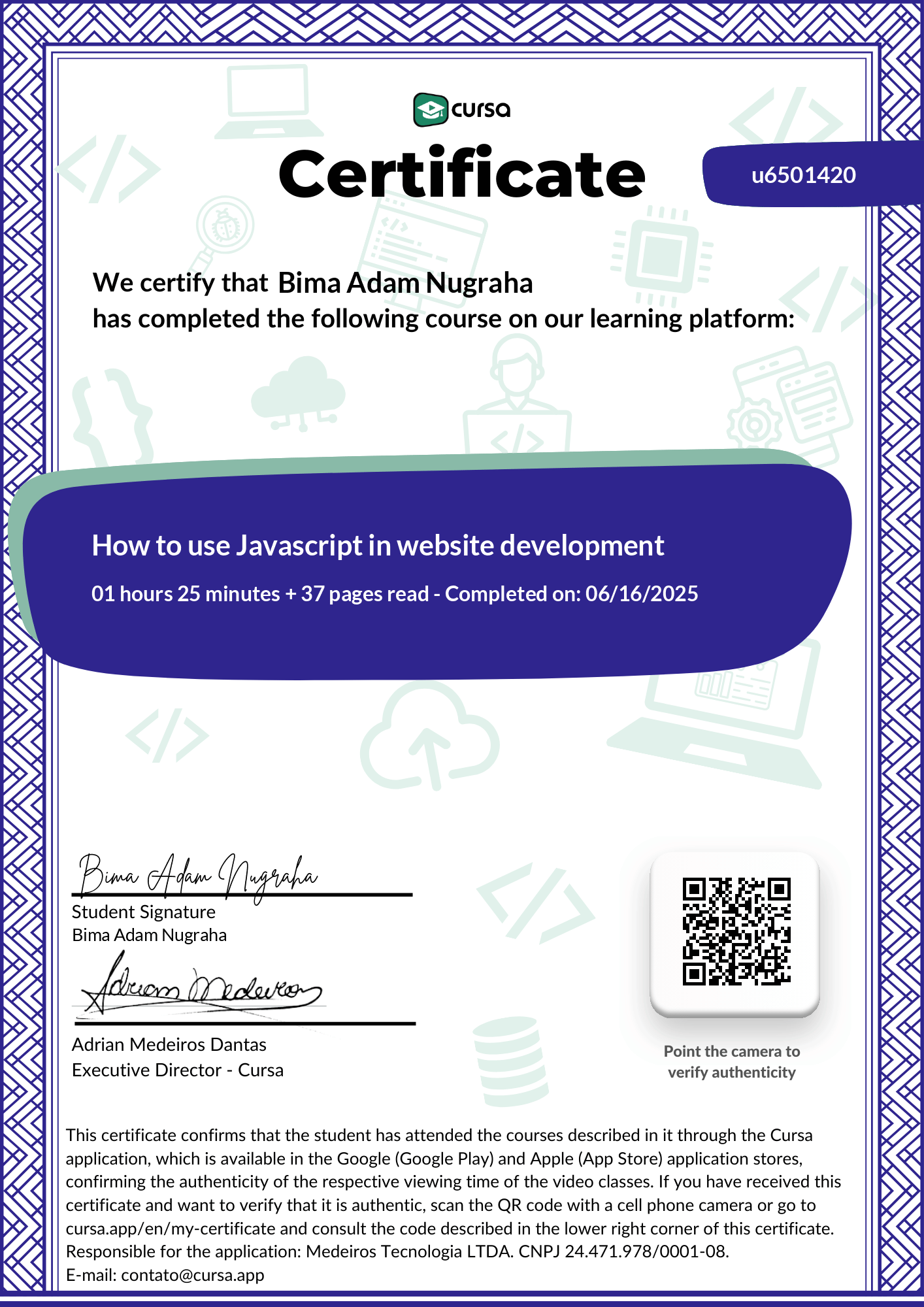 Image of my free Course Completion Certificate.