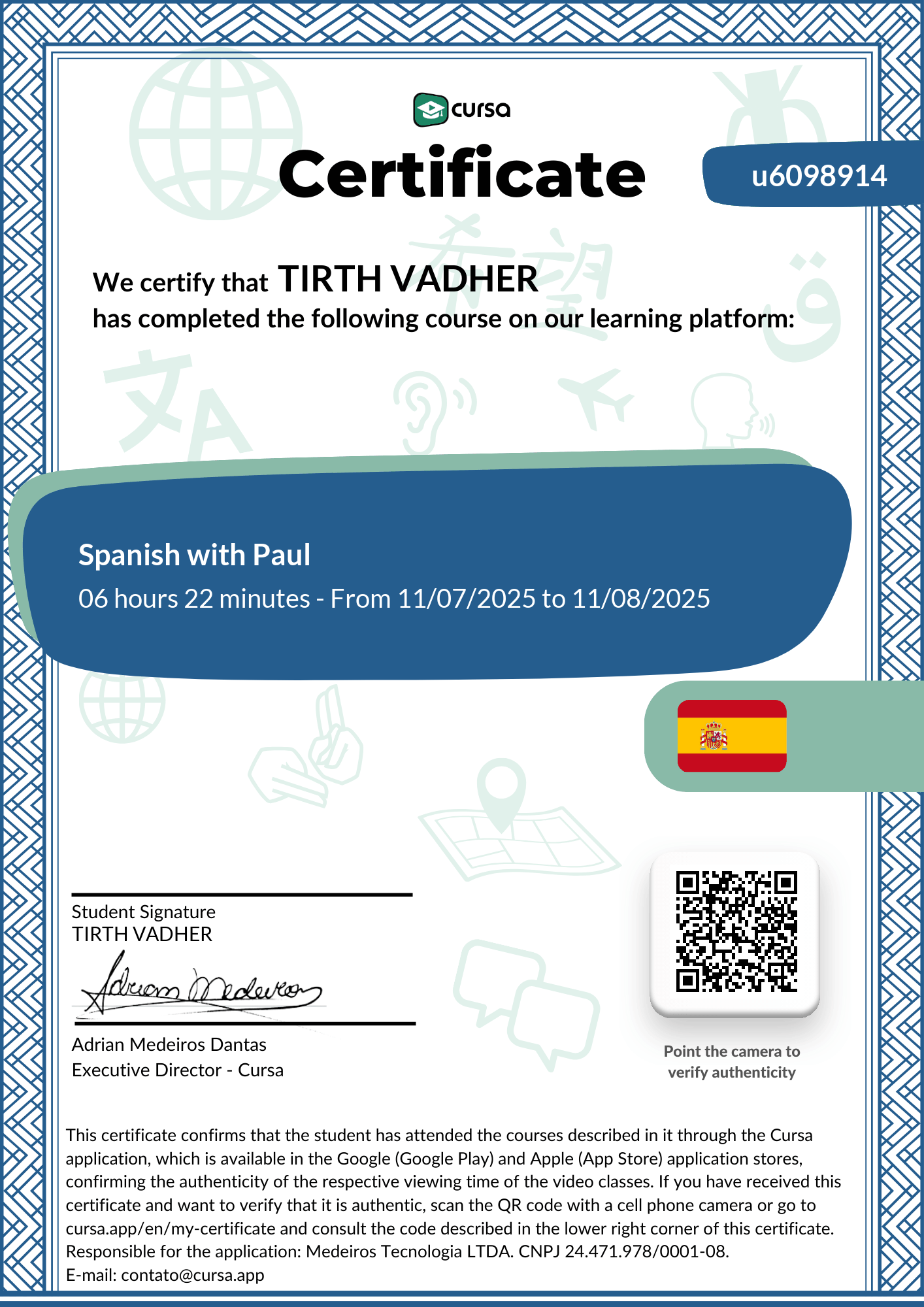 Image of my free Course Completion Certificate.