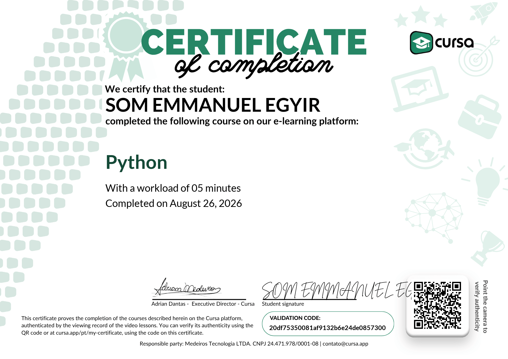 Image of my free Course Completion Certificate.