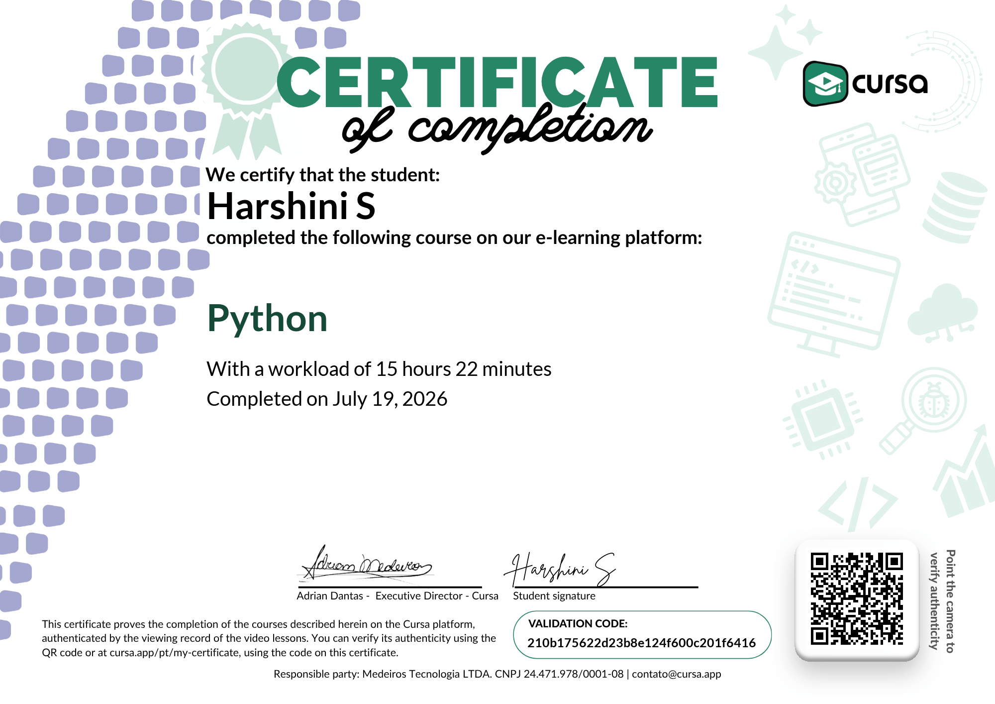 Image of my free Course Completion Certificate.