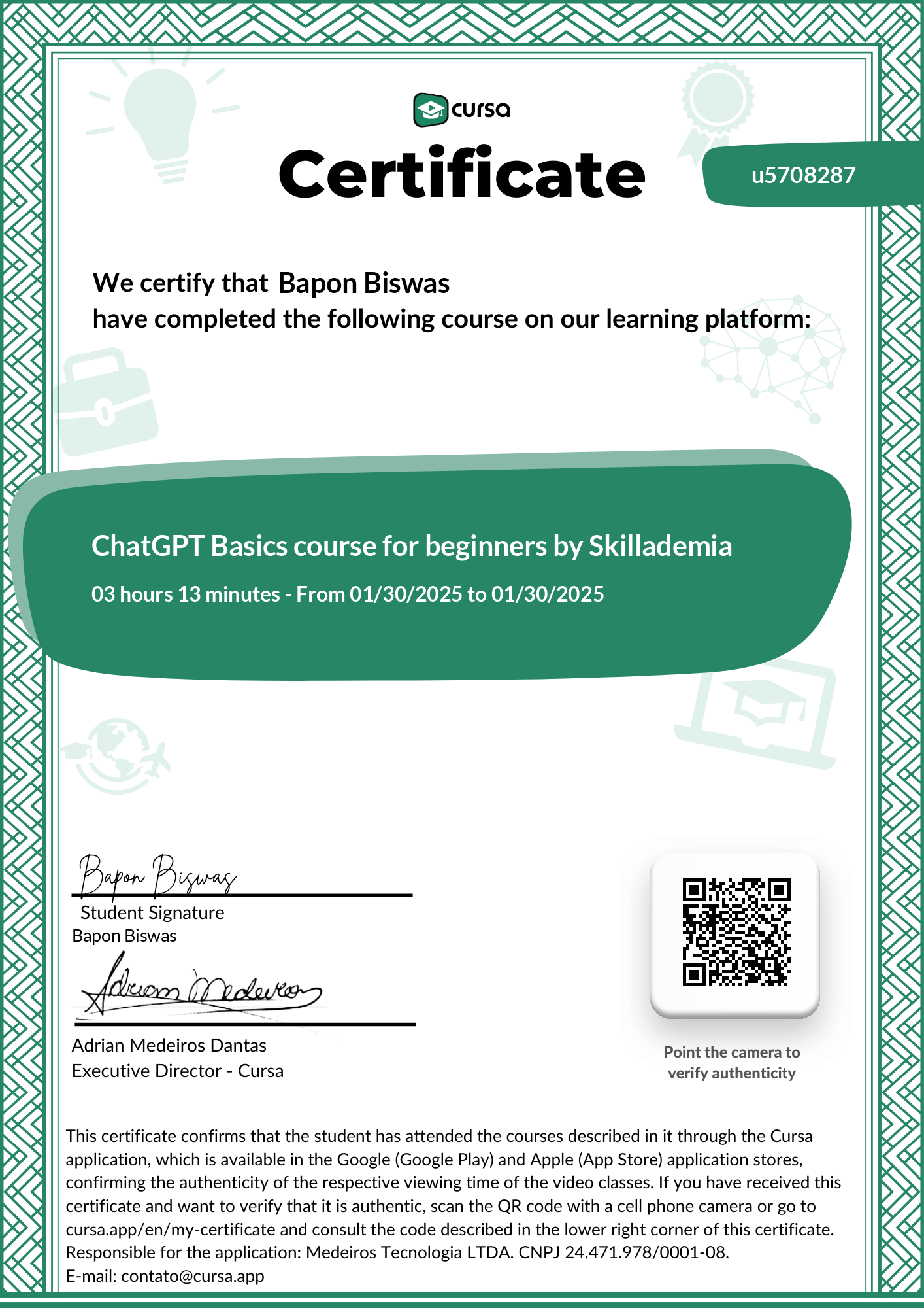 Image of my free Course Completion Certificate.