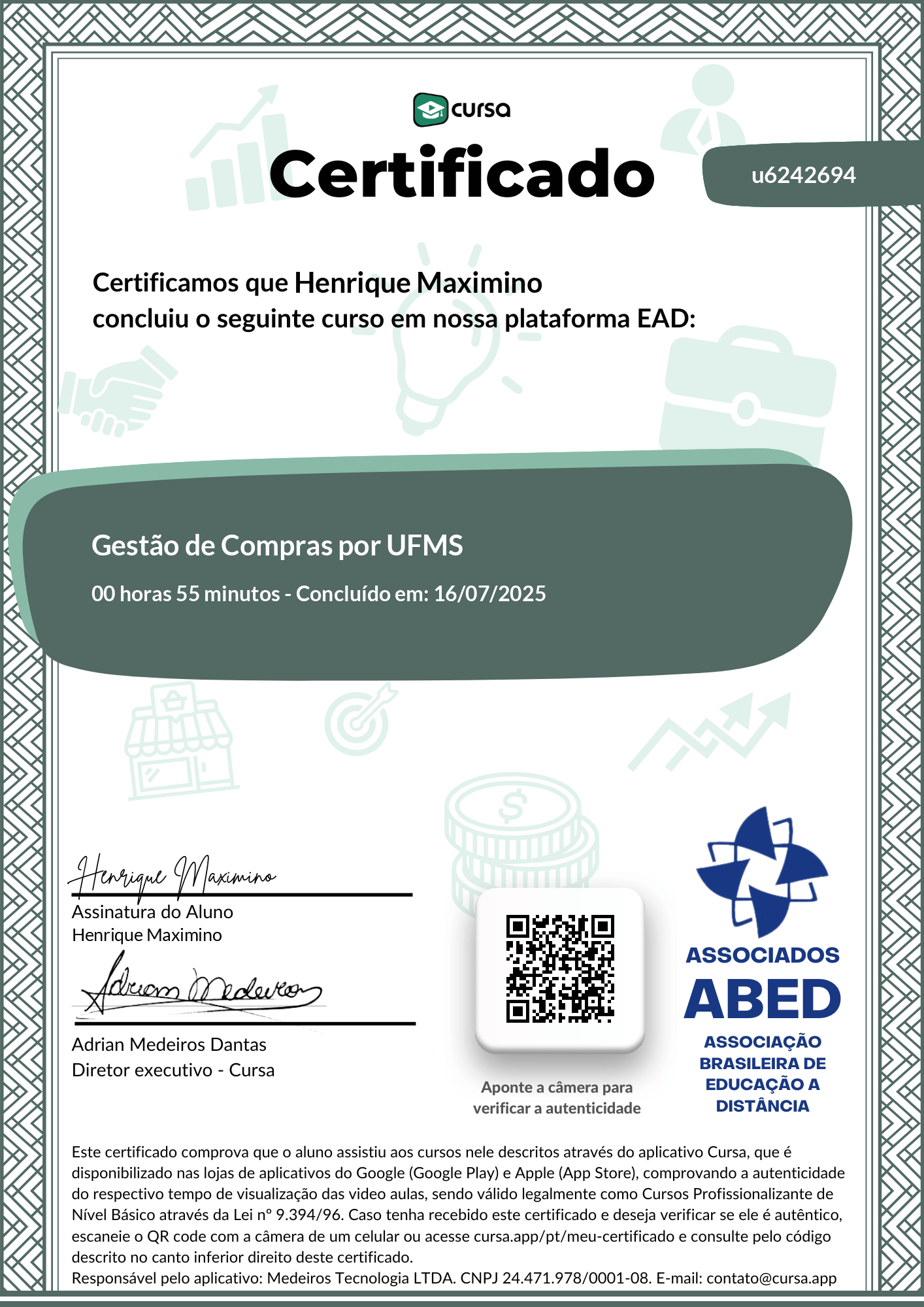 Imagem do meu Certificado gratuito de conclusão de curso.