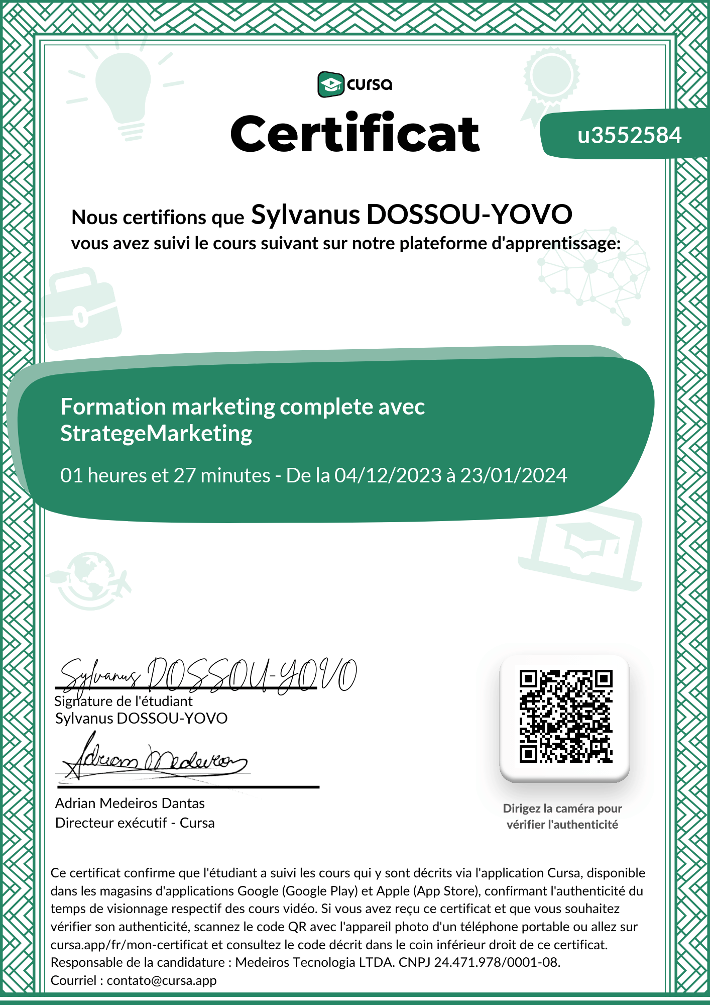 Image de mon certificat de fin de cours gratuit.