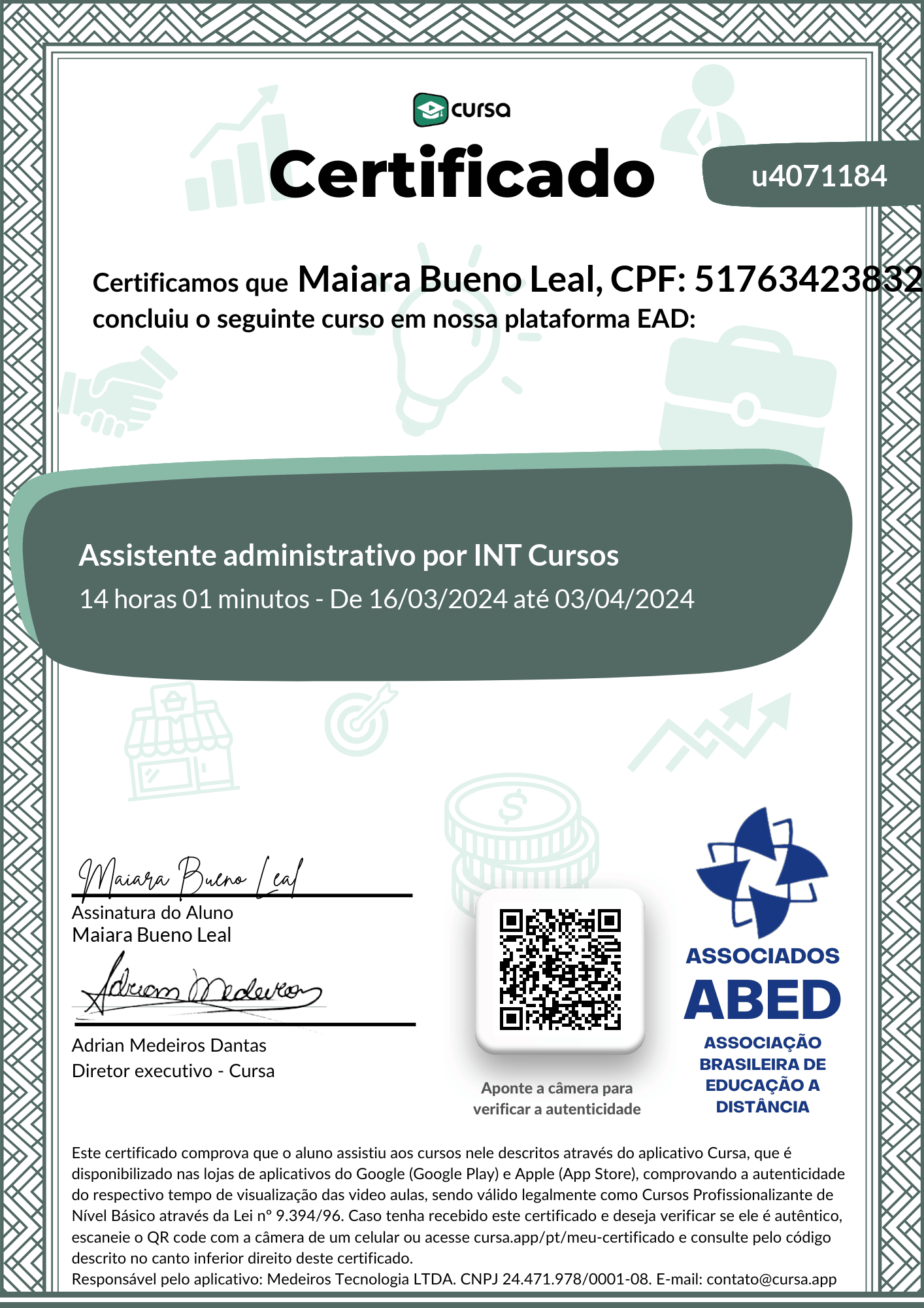 Imagem do meu Certificado gratuito de conclusão de curso.