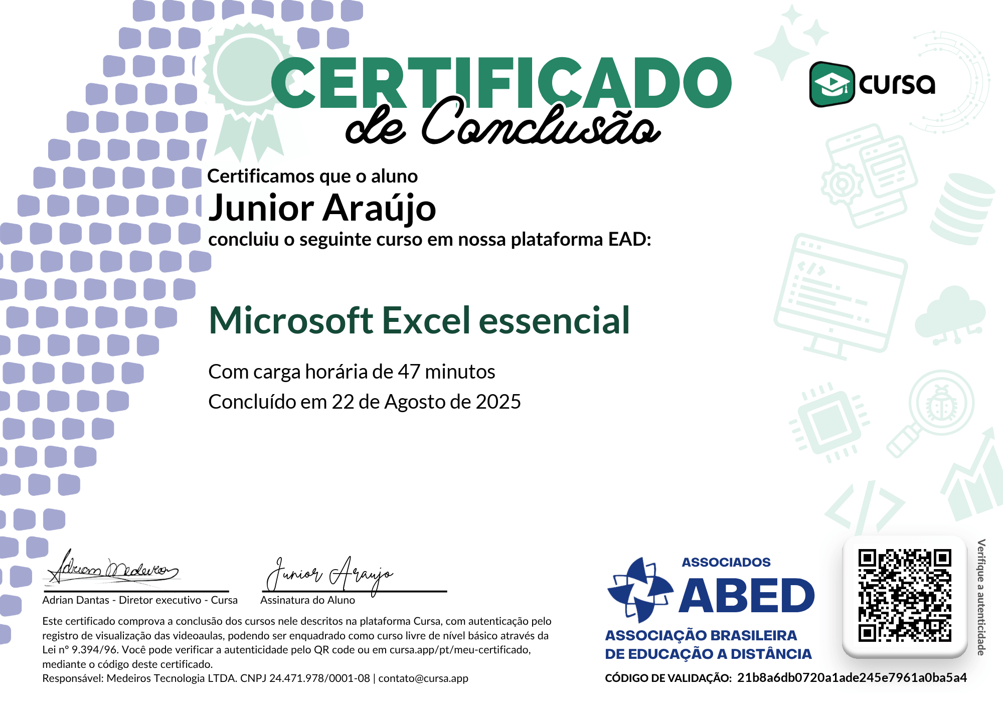 Imagem do meu Certificado gratuito de conclusão de curso.