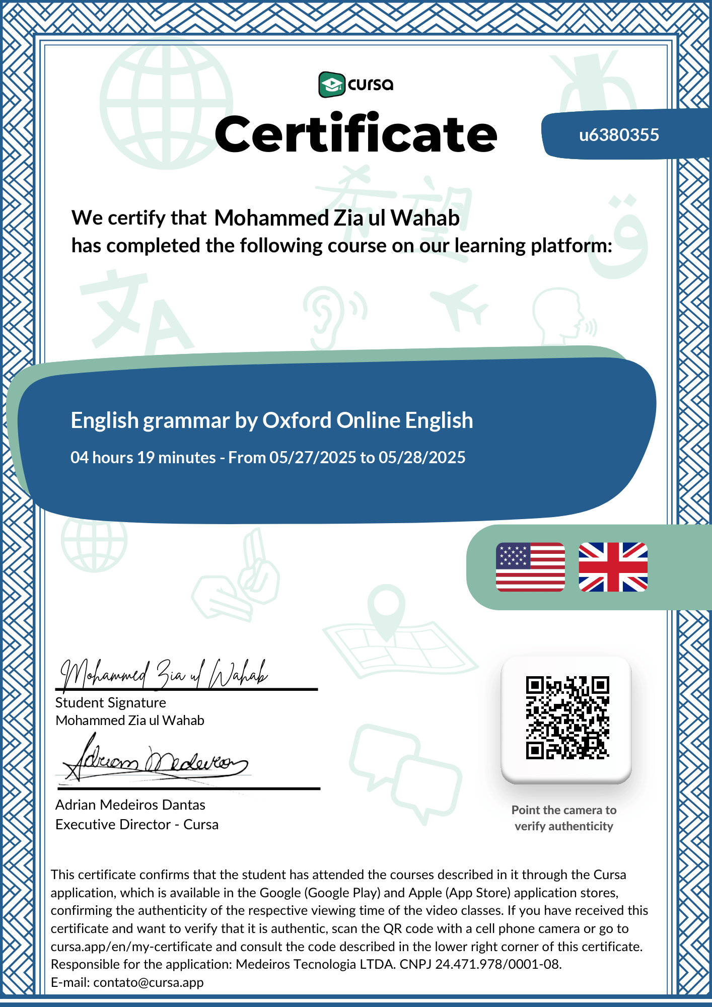 Image of my free Course Completion Certificate.