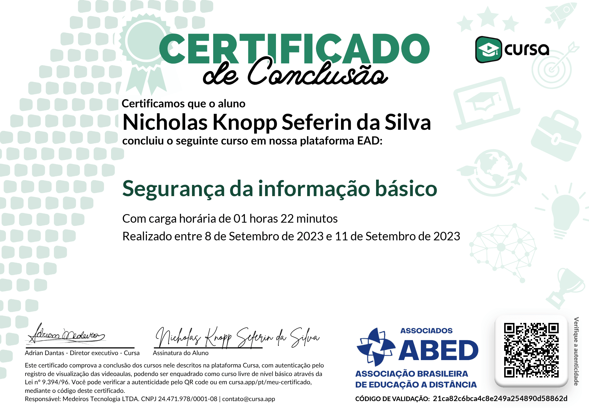 Imagem do meu Certificado gratuito de conclusão de curso.