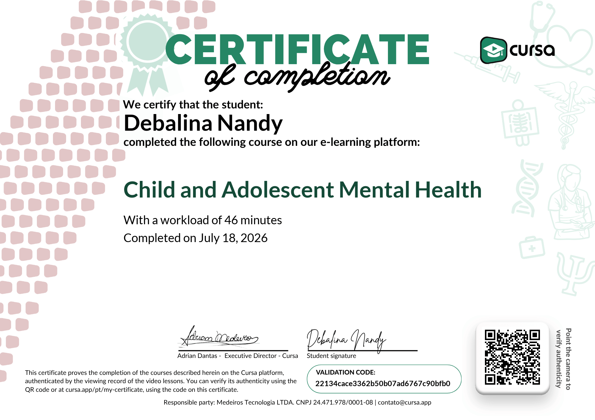 Image of my free Course Completion Certificate.