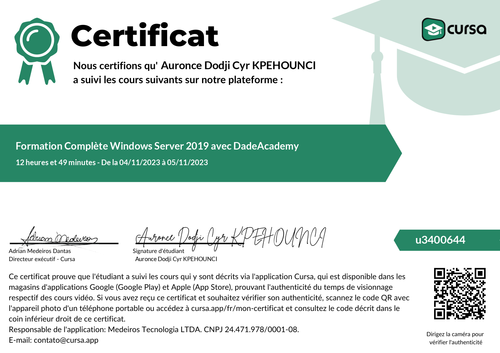 Image de mon certificat de fin de cours gratuit.