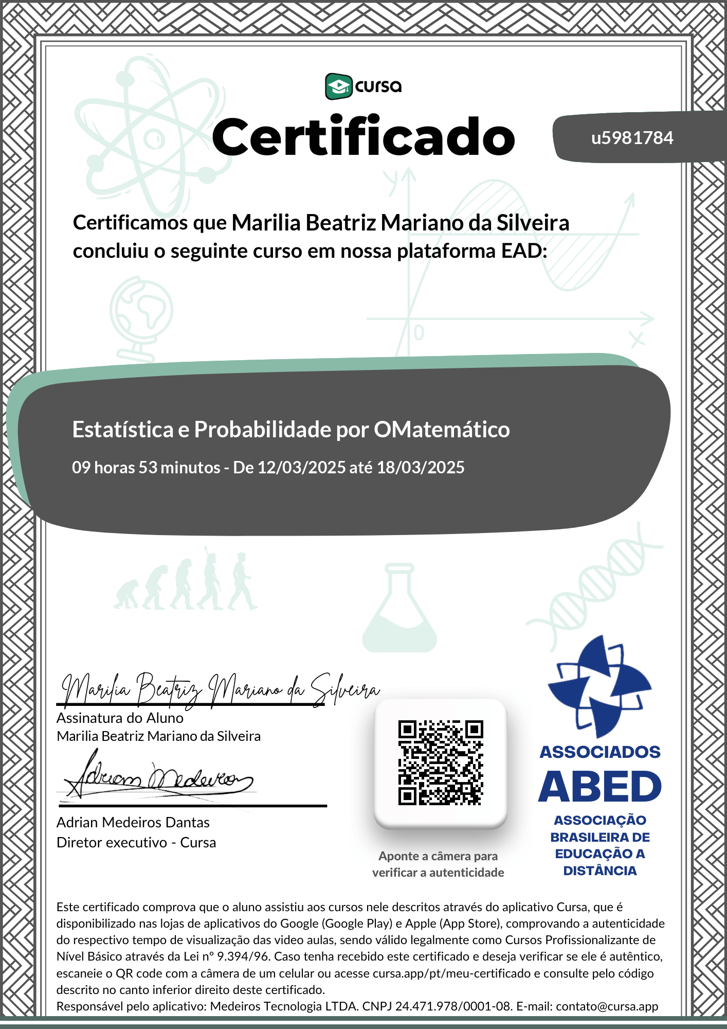 Imagem do meu Certificado gratuito de conclusão de curso.