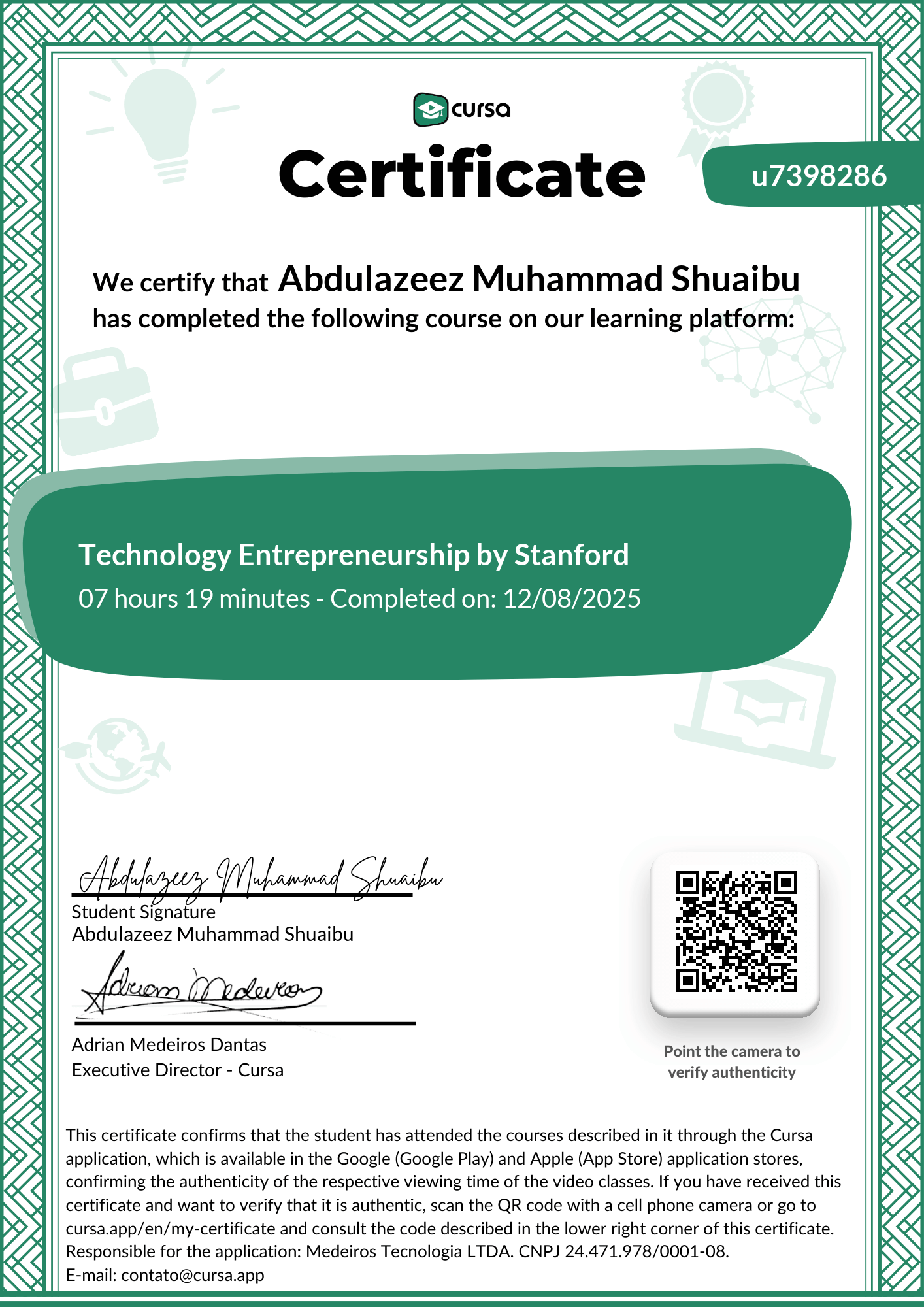 Image of my free Course Completion Certificate.