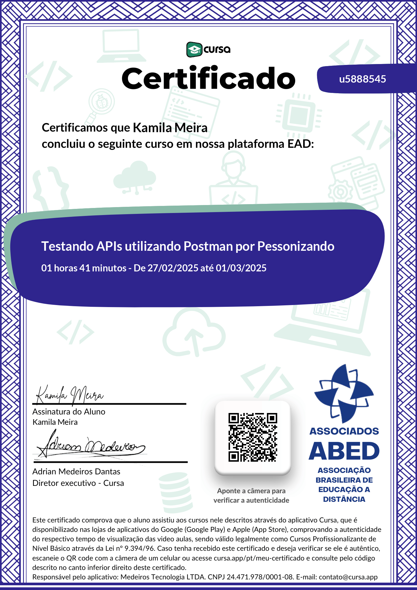 Imagem do meu Certificado gratuito de conclusão de curso.