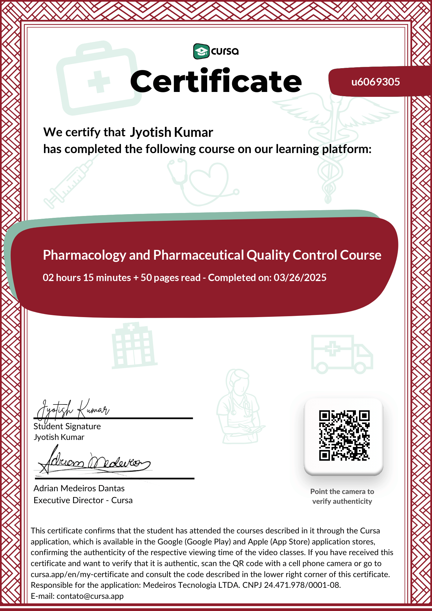 Image of my free Course Completion Certificate.