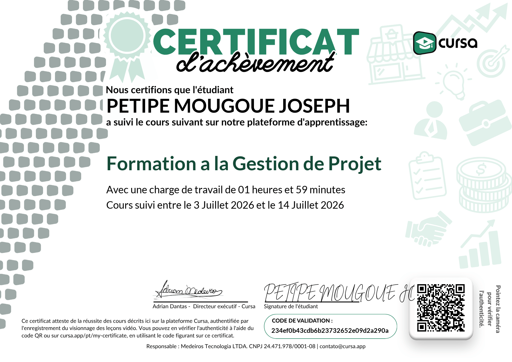 Image de mon certificat de fin de cours gratuit.