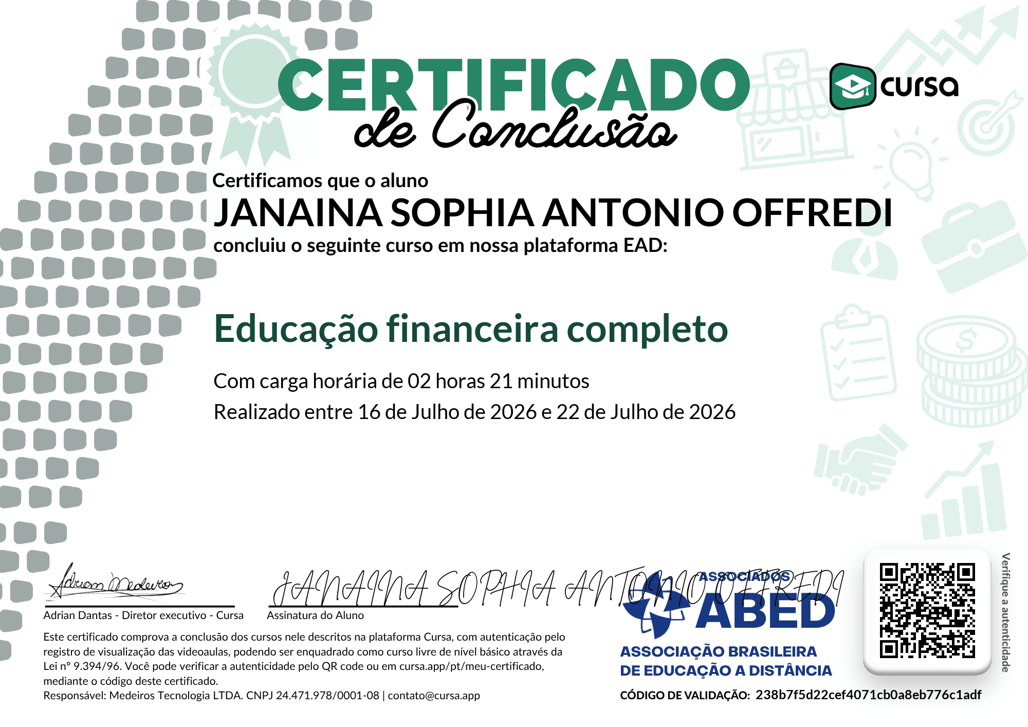 Imagem do meu Certificado gratuito de conclusão de curso.