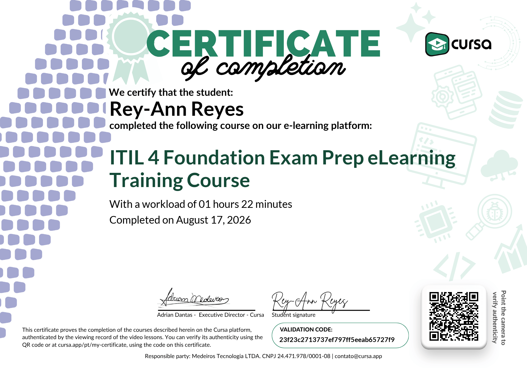 Image of my free Course Completion Certificate.