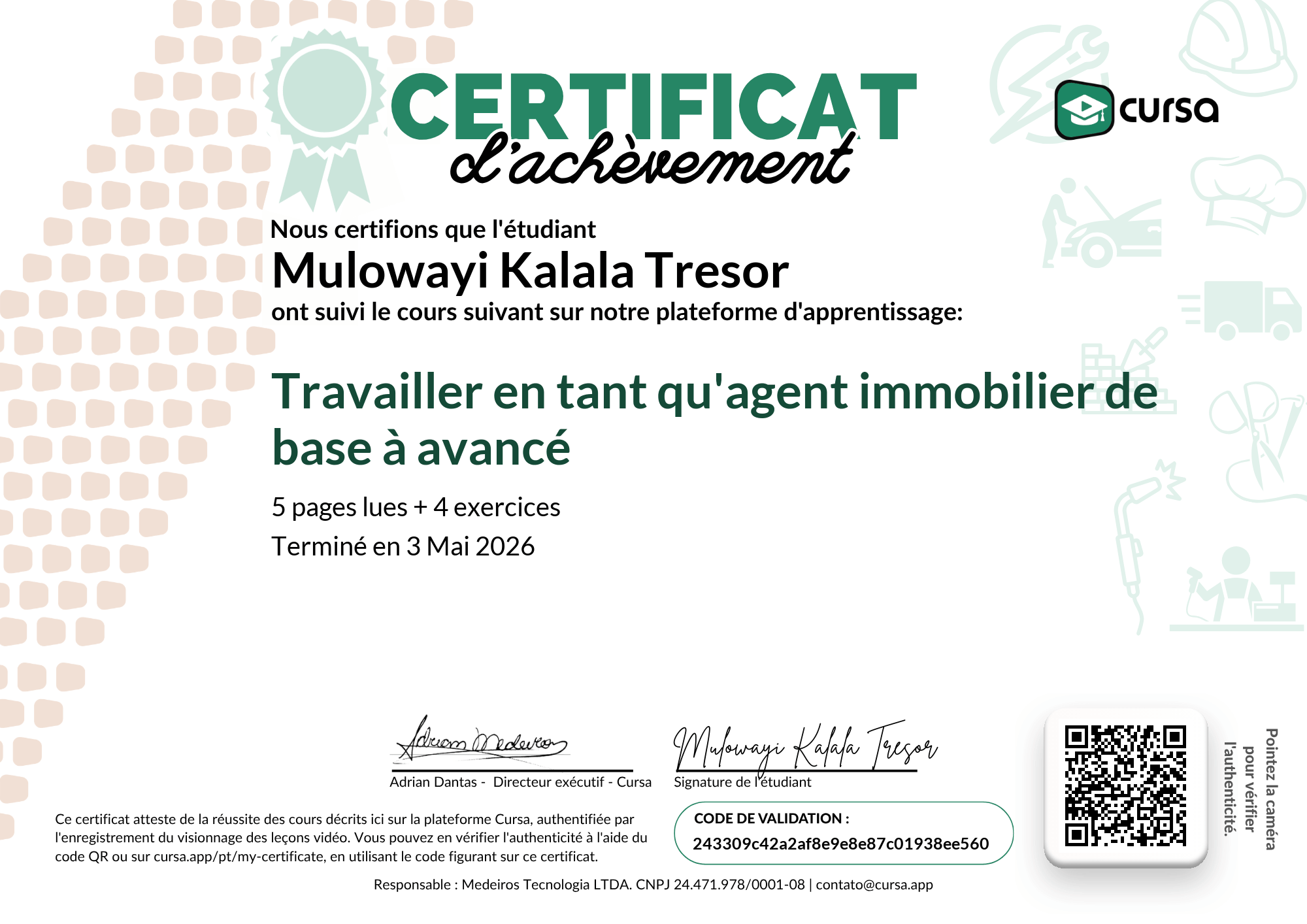 Image de mon certificat de fin de cours gratuit.