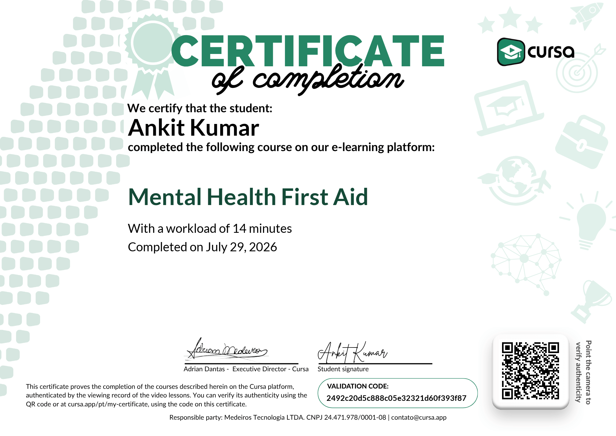 Image of my free Course Completion Certificate.