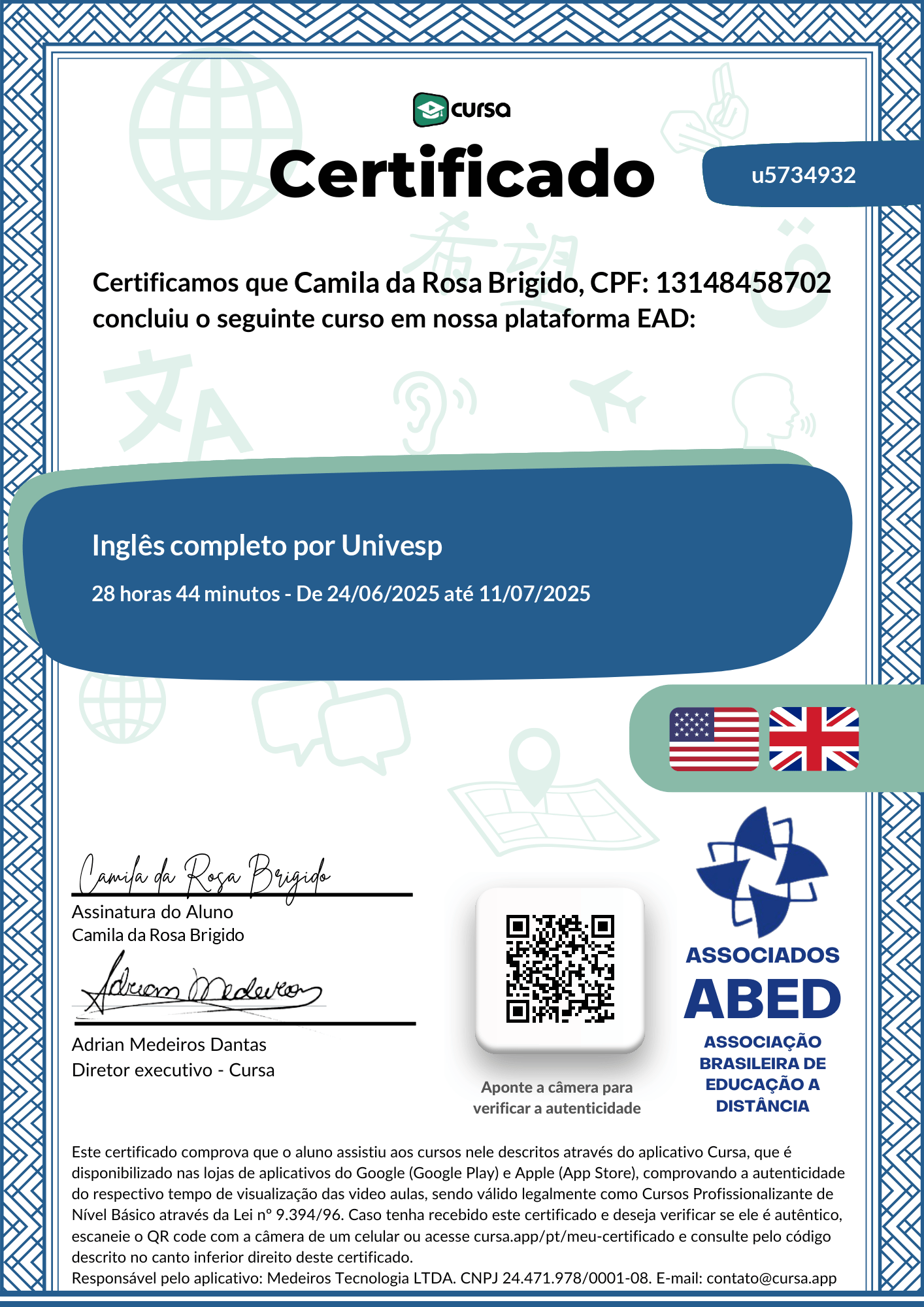 Imagem do meu Certificado gratuito de conclusão de curso.