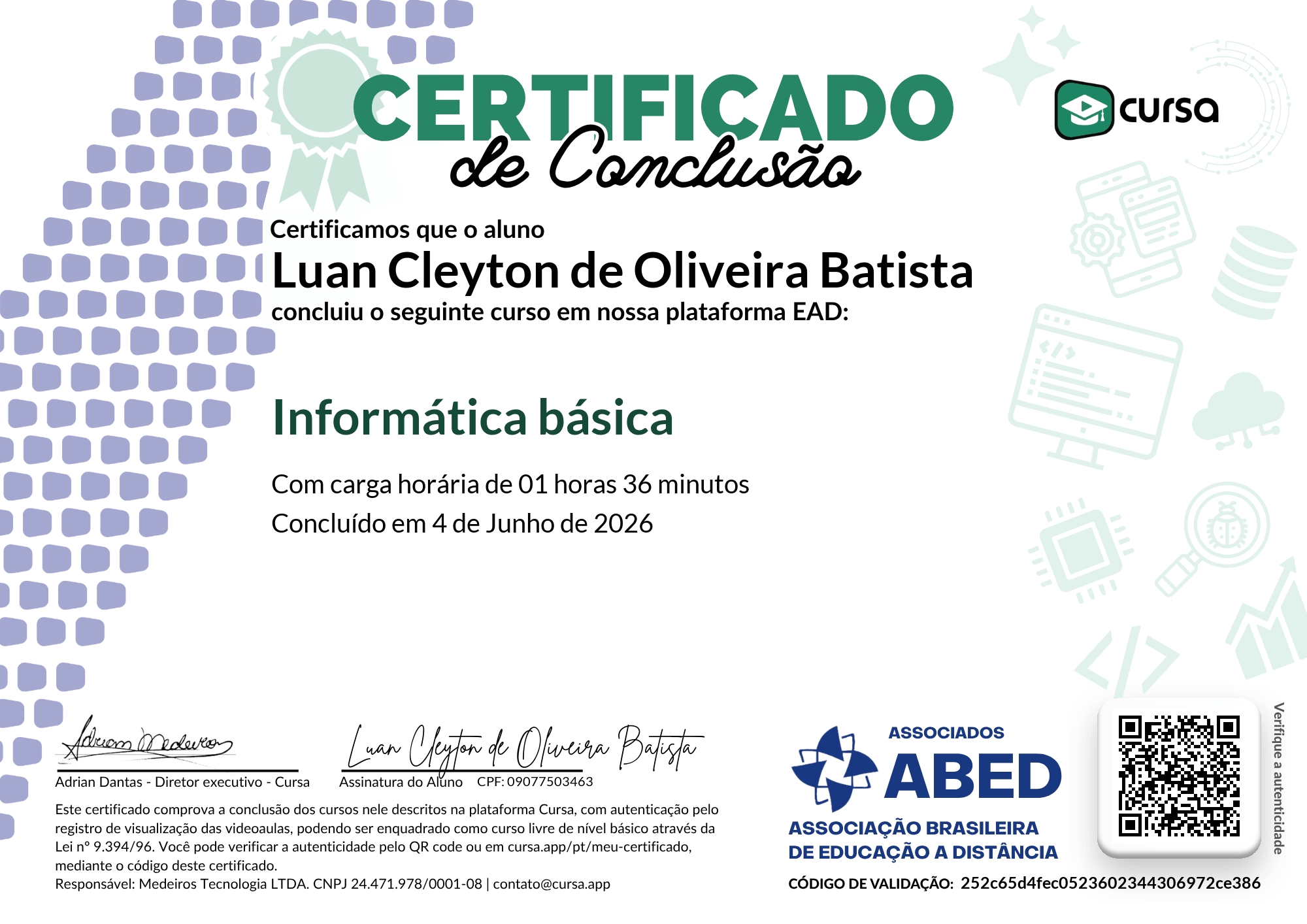 Imagem do meu Certificado gratuito de conclusão de curso.