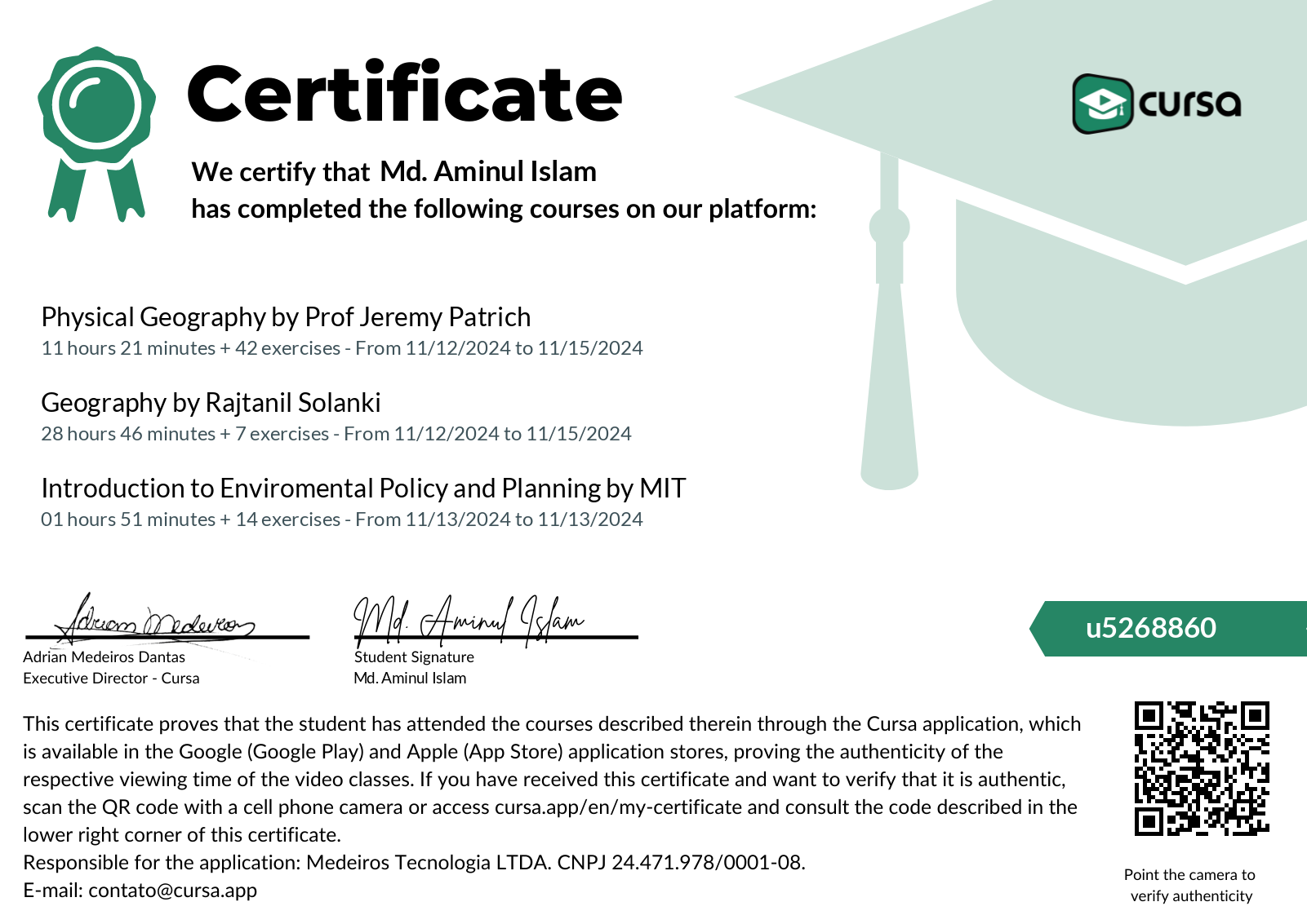 Image of my free Course Completion Certificate.