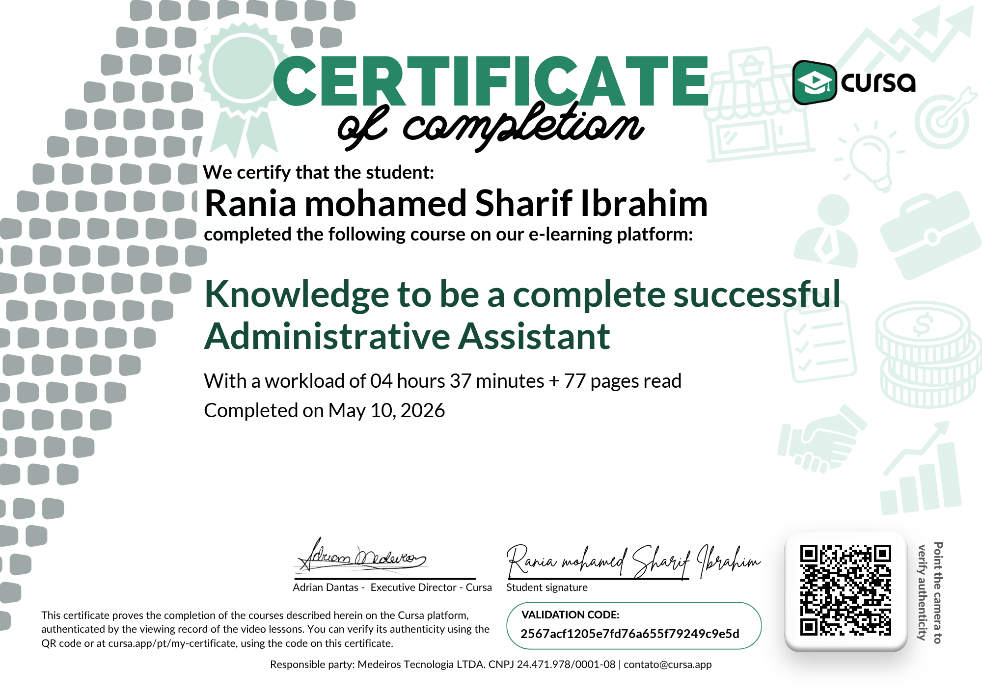 Image of my free Course Completion Certificate.