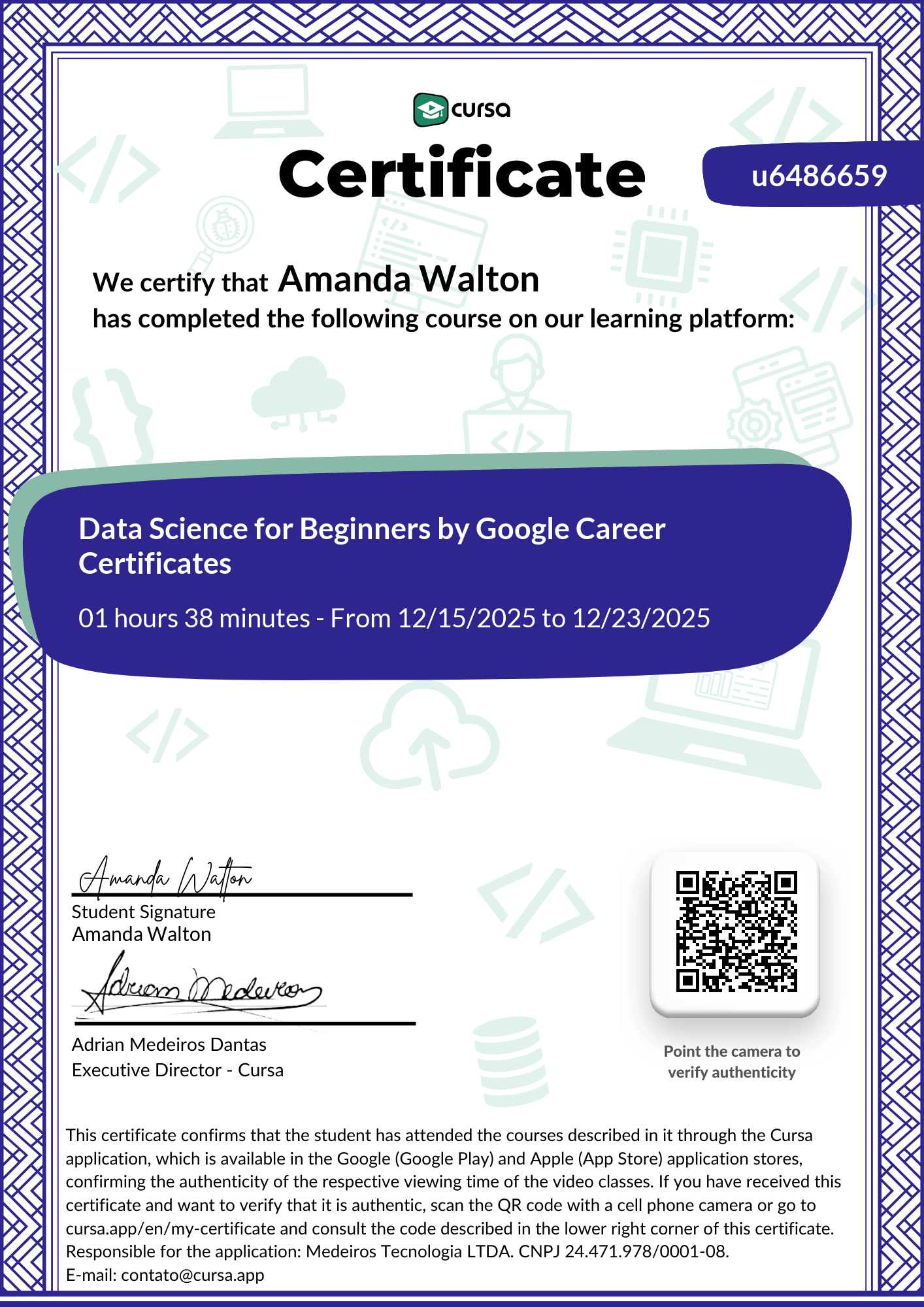Image of my free Course Completion Certificate.