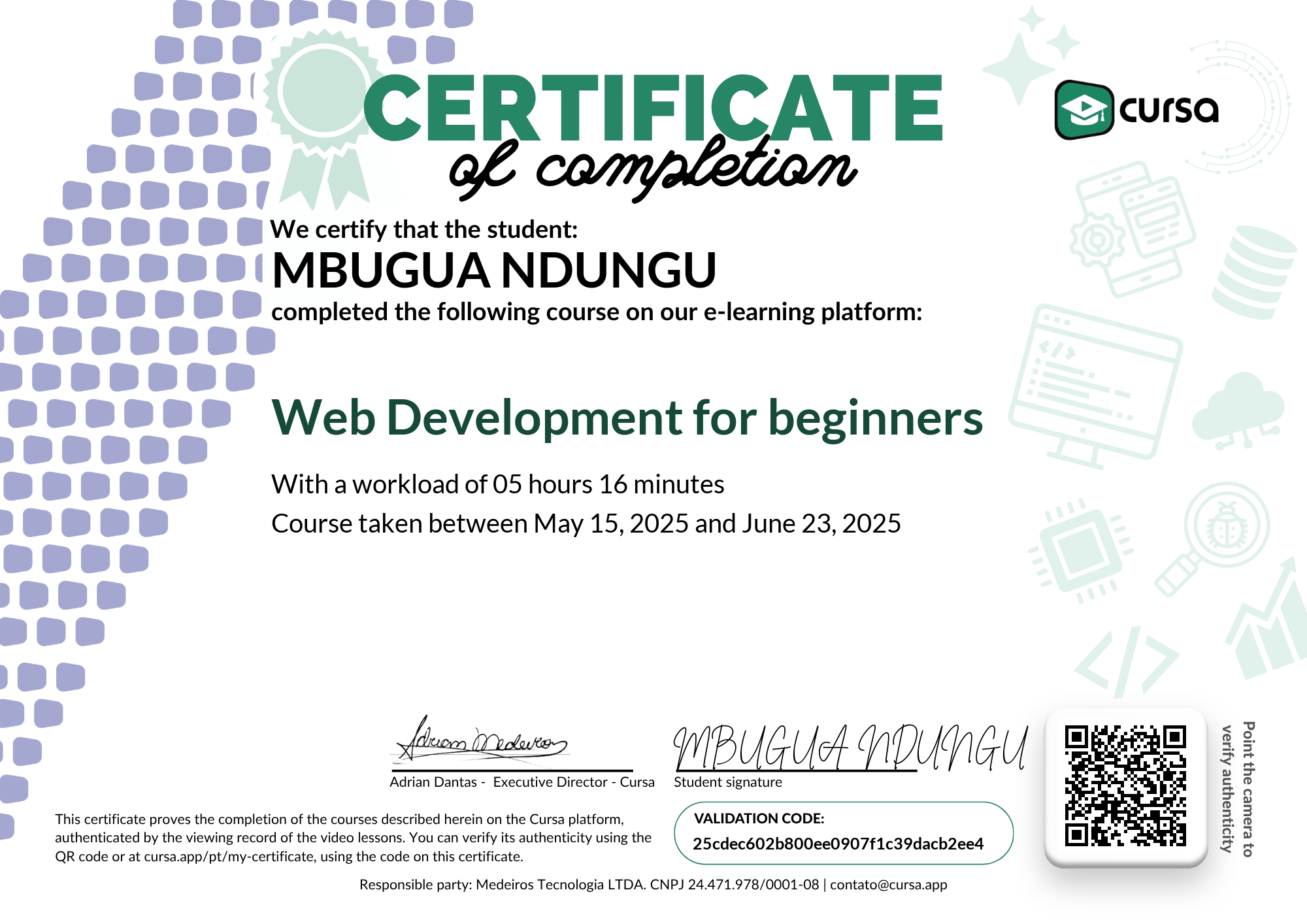 Image of my free Course Completion Certificate.