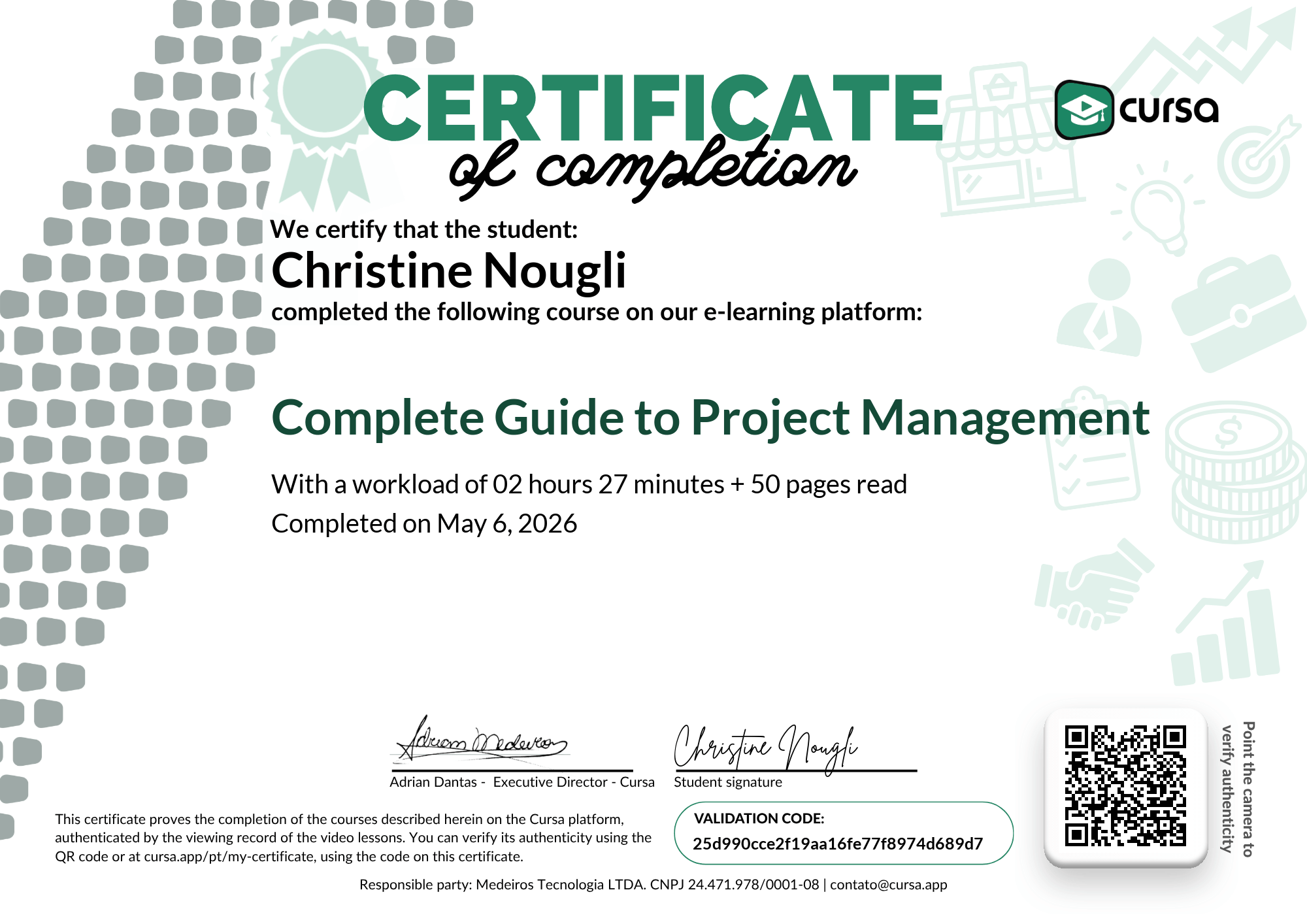 Image of my free Course Completion Certificate.
