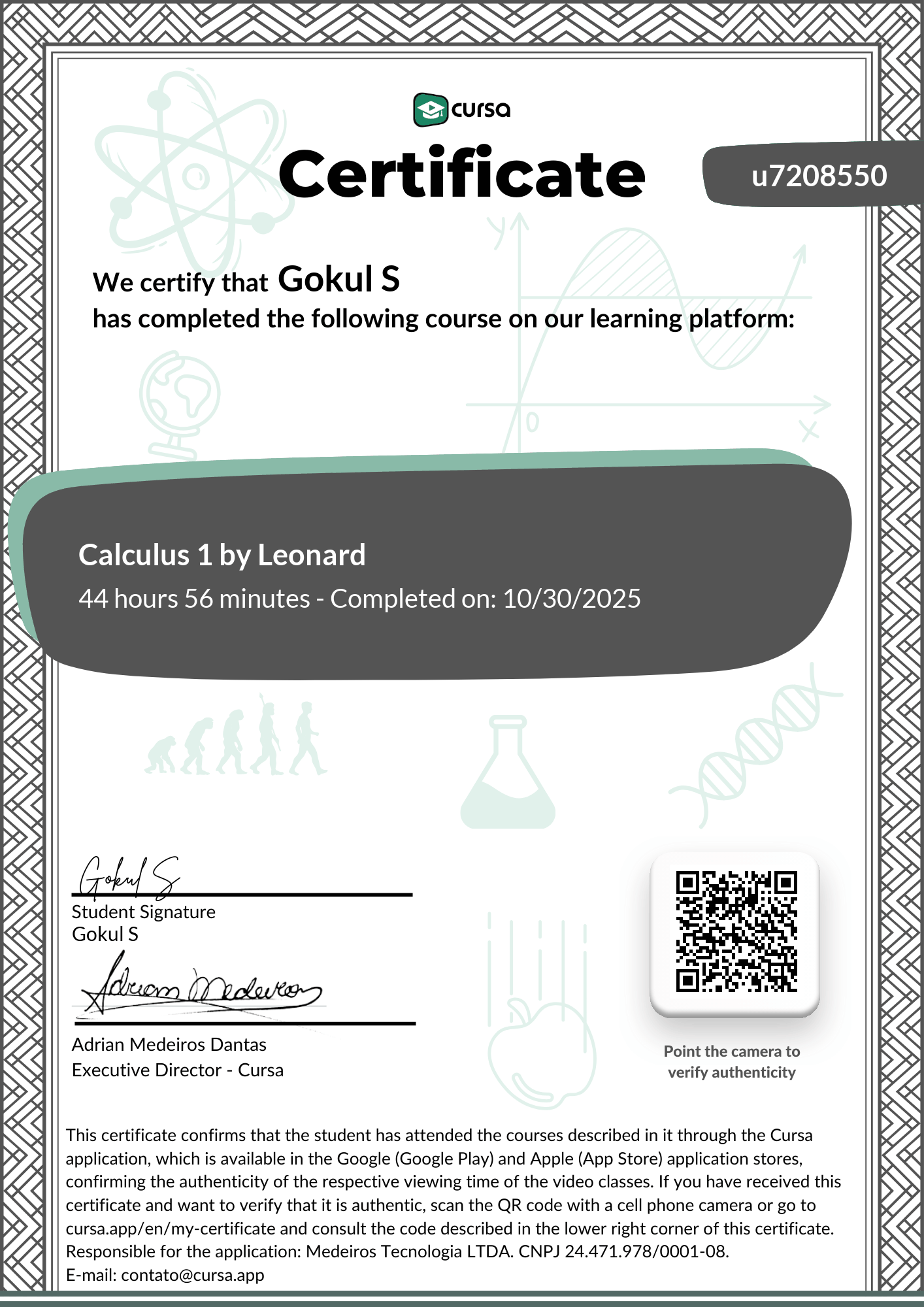 Image of my free Course Completion Certificate.