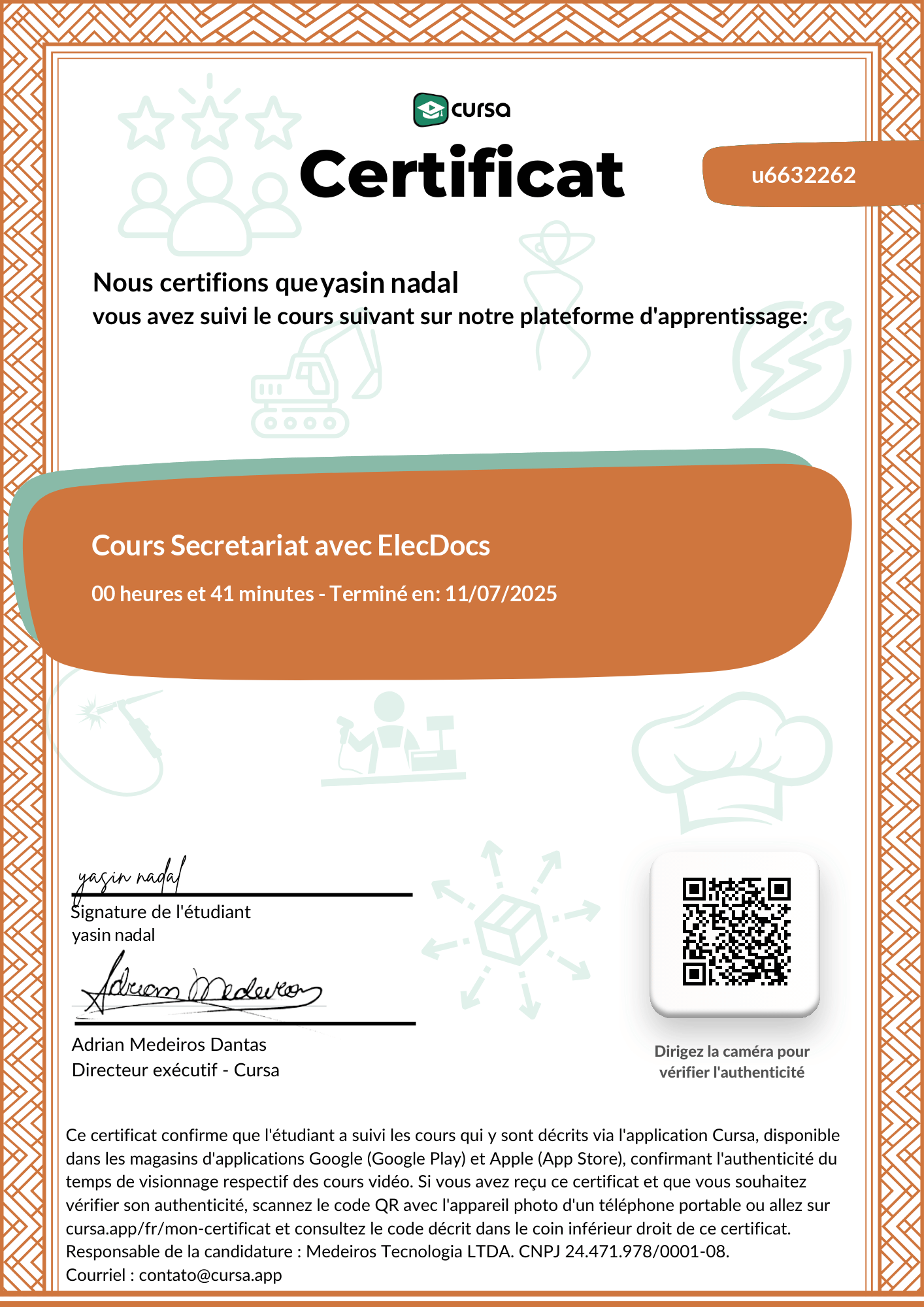 Image de mon certificat de fin de cours gratuit.