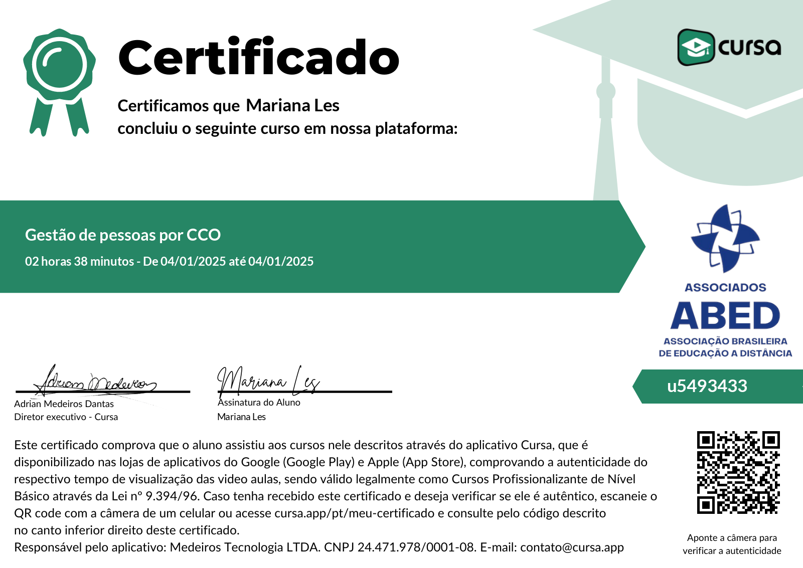 Imagem do meu Certificado gratuito de conclusão de curso.