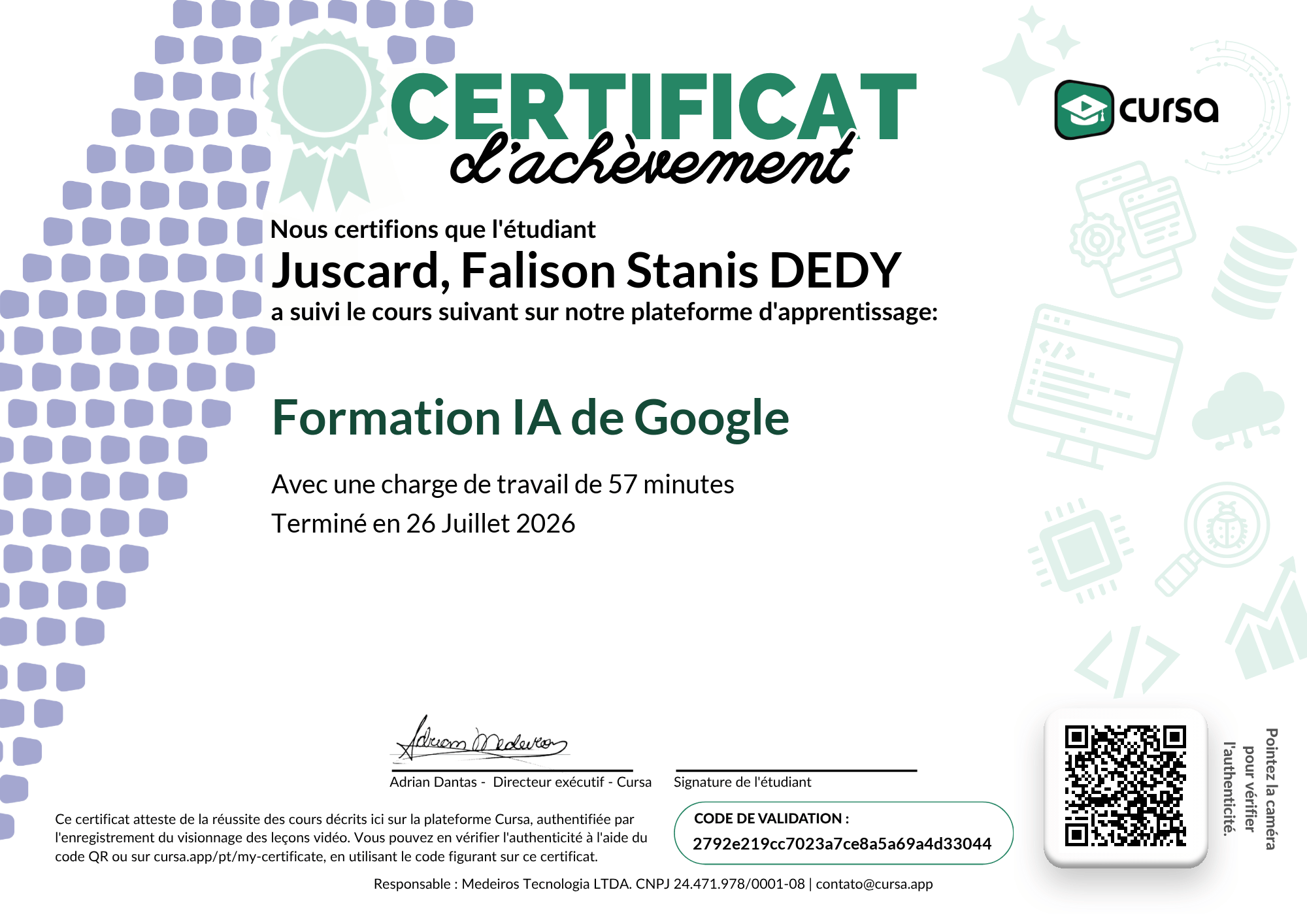 Image de mon certificat de fin de cours gratuit.