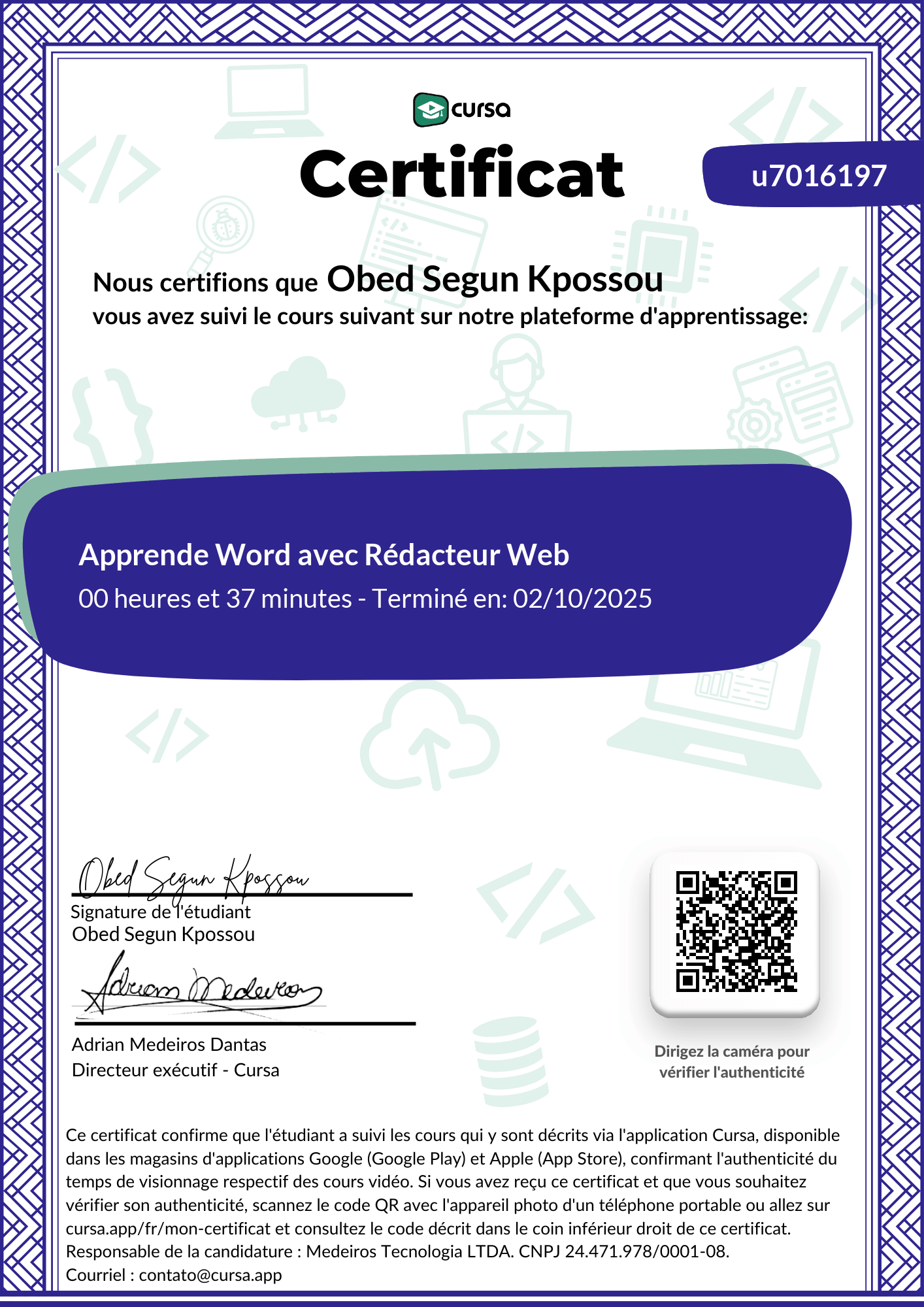Image de mon certificat de fin de cours gratuit.