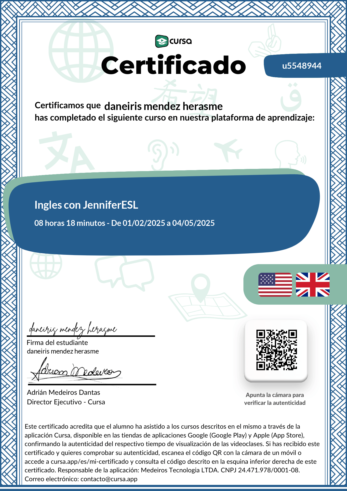 Imagen de mi Certificado de finalización del curso gratuito.