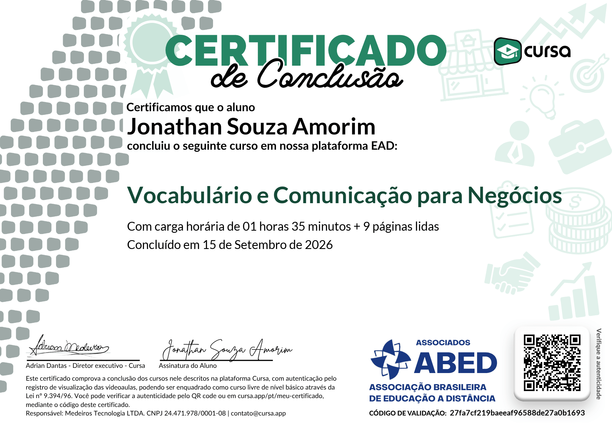 Imagem do meu Certificado gratuito de conclusão de curso.