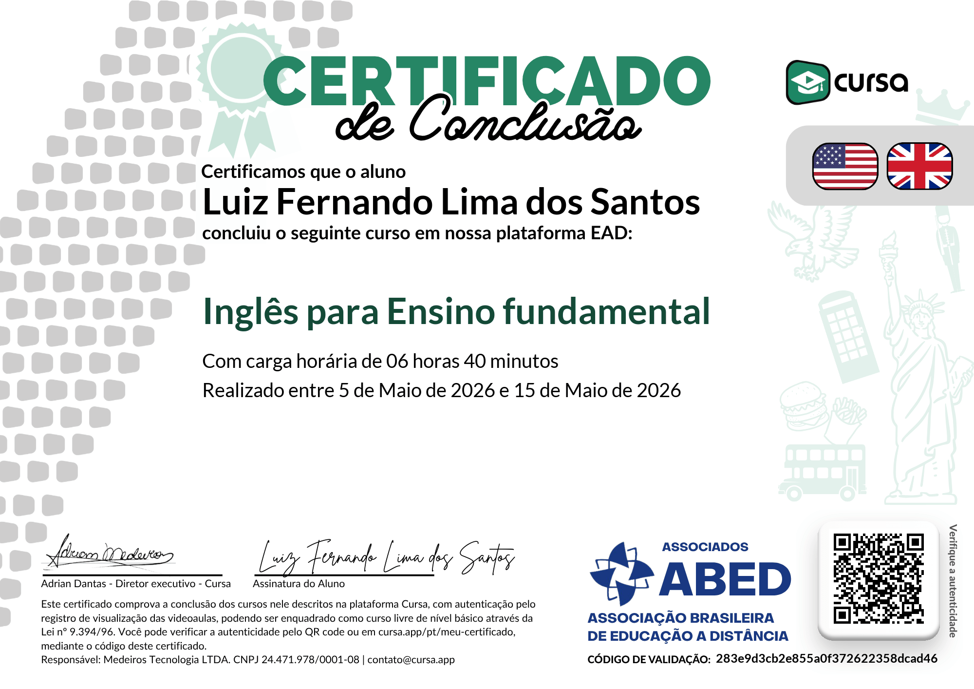 Imagem do meu Certificado gratuito de conclusão de curso.