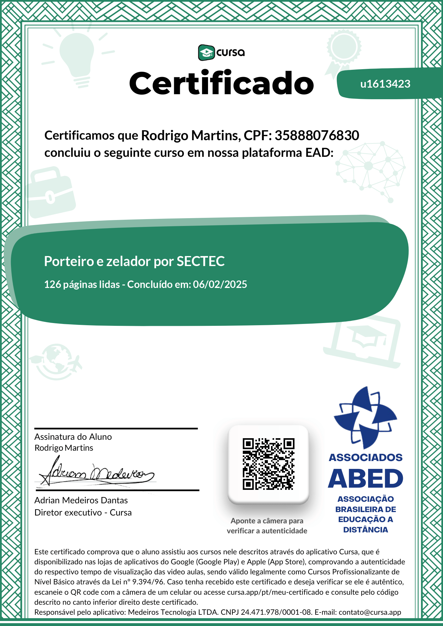 Imagem do meu Certificado gratuito de conclusão de curso.