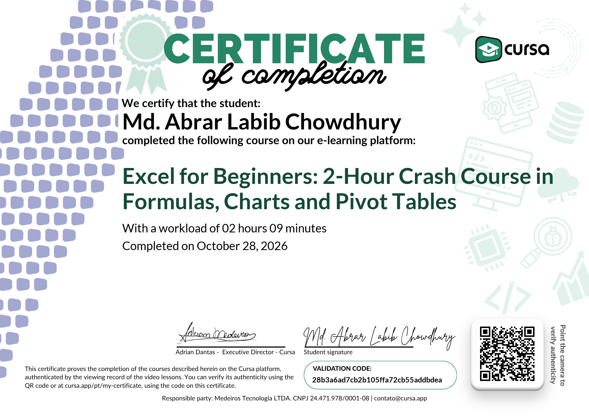 Image of my free Course Completion Certificate.