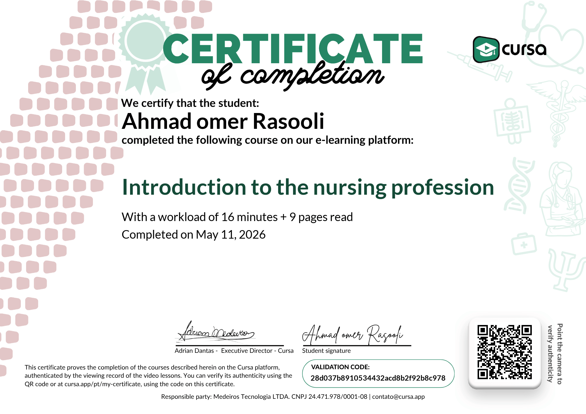 Image of my free Course Completion Certificate.